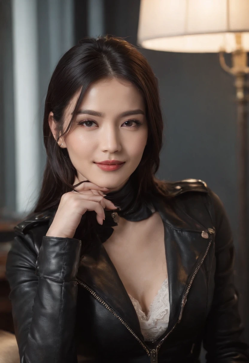 Wearing black leather gloves on both hands Upper body Black leather rider jacket Necklace on chest Facing desk in modern study in the dark, Look down and smile, Young Japan woman with long straight black hair (Black leather gloves covering both hands) Working at computer sitting on chair with black leather gloved fingers