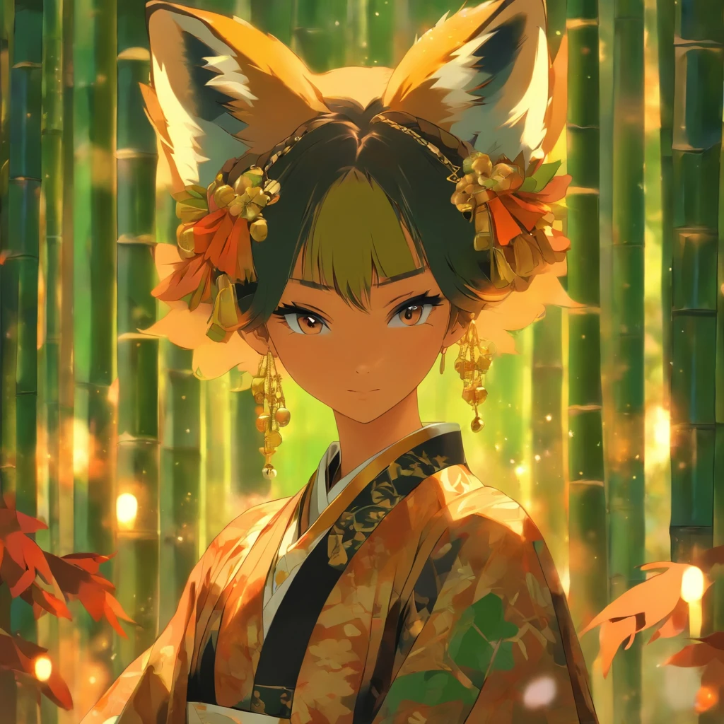 Anime Girl with fox ears, wearing a japanese-like formal dress with belts jewelry and chains, colors are black brown green and gold, Bamboo Gentleman, masterpiece, best quality