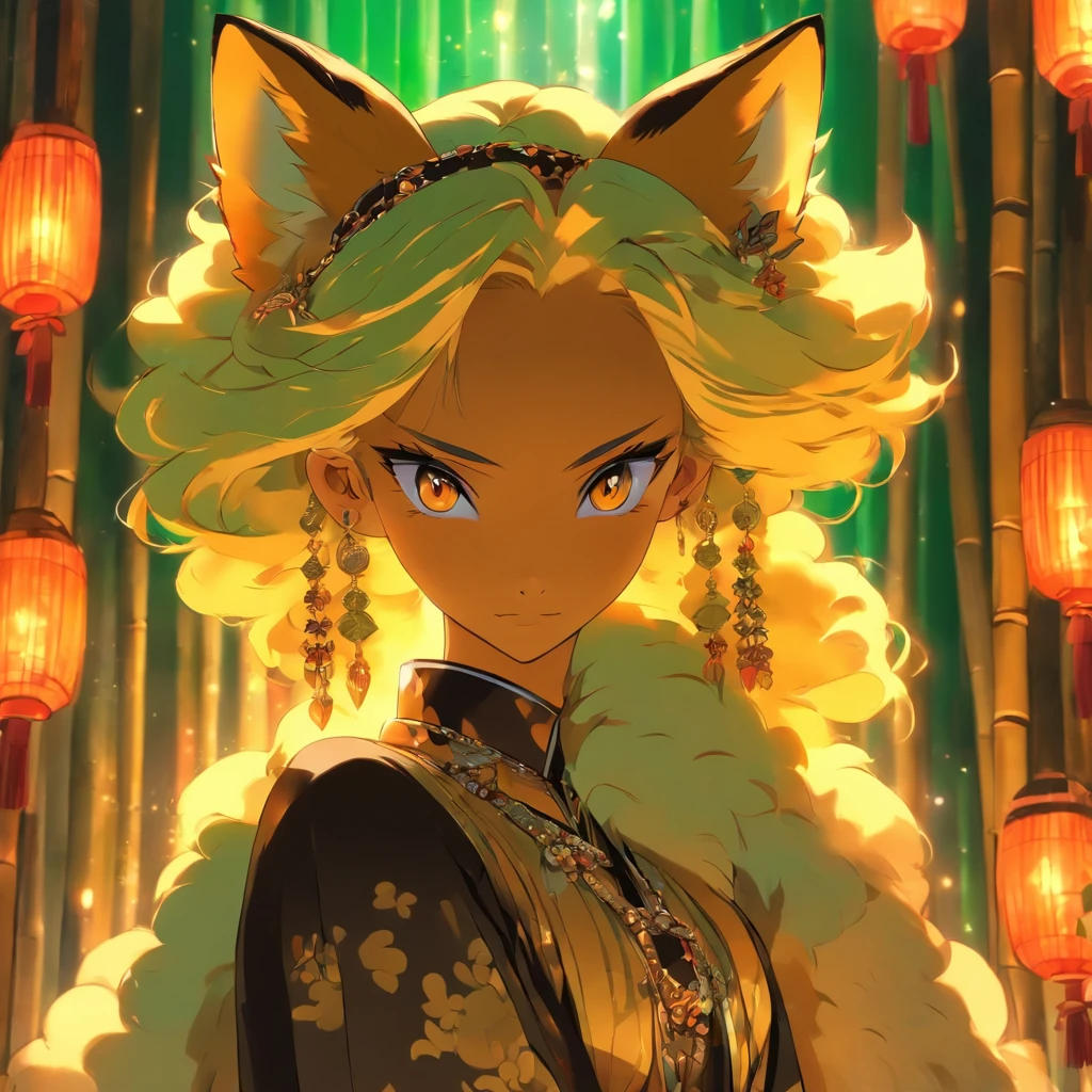 Anime Girl with fox ears, wearing a japanese-like formal dress with belts jewelry and chains, colors are black brown green and gold, Bamboo Gentleman, masterpiece, best quality