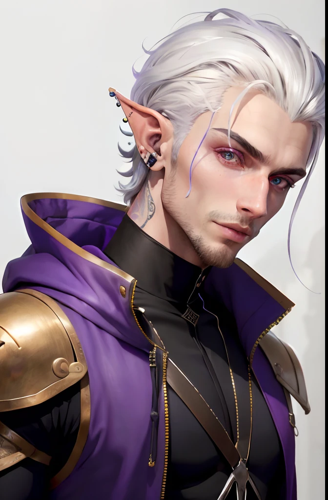(master part), (Elfo Masculino, cabelos espetados pretos, caothic), (Clothes: jaqueta roxa, roupas pretas), (Accessories: piercing na sobrancelha, Brincos), (cabelos curtos pretos, corte lateral), mago, mago, Feiticeiro, Magic, RPG de fantasia, (melhor qualidade, Alto contraste, detalhado), Beautiful features, Rosto detalhado, (Purple eyes) (HOMEM) young, jovem, cavanhaque, sorriso, baixo, googles, lilac eyes, cavanhaque, porta retrato