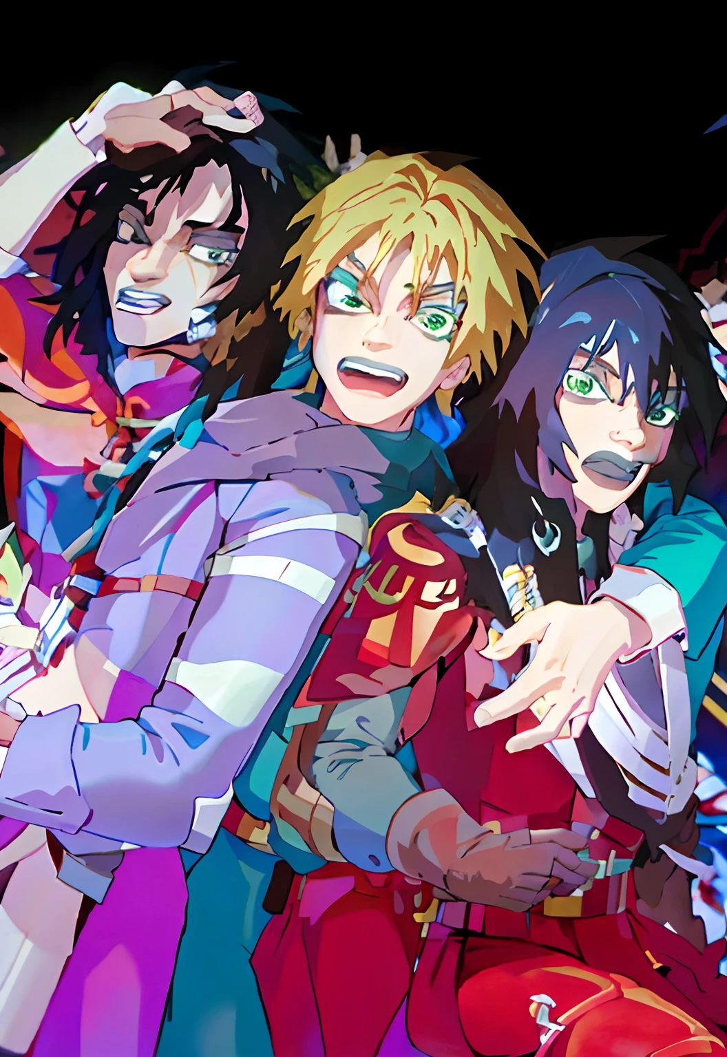 anime characters posing for a picture with a black background, official anime still, still from tv anime, Cute boy with long black hair, blonde pretty boy with white skin, cute brown boy with curly hair