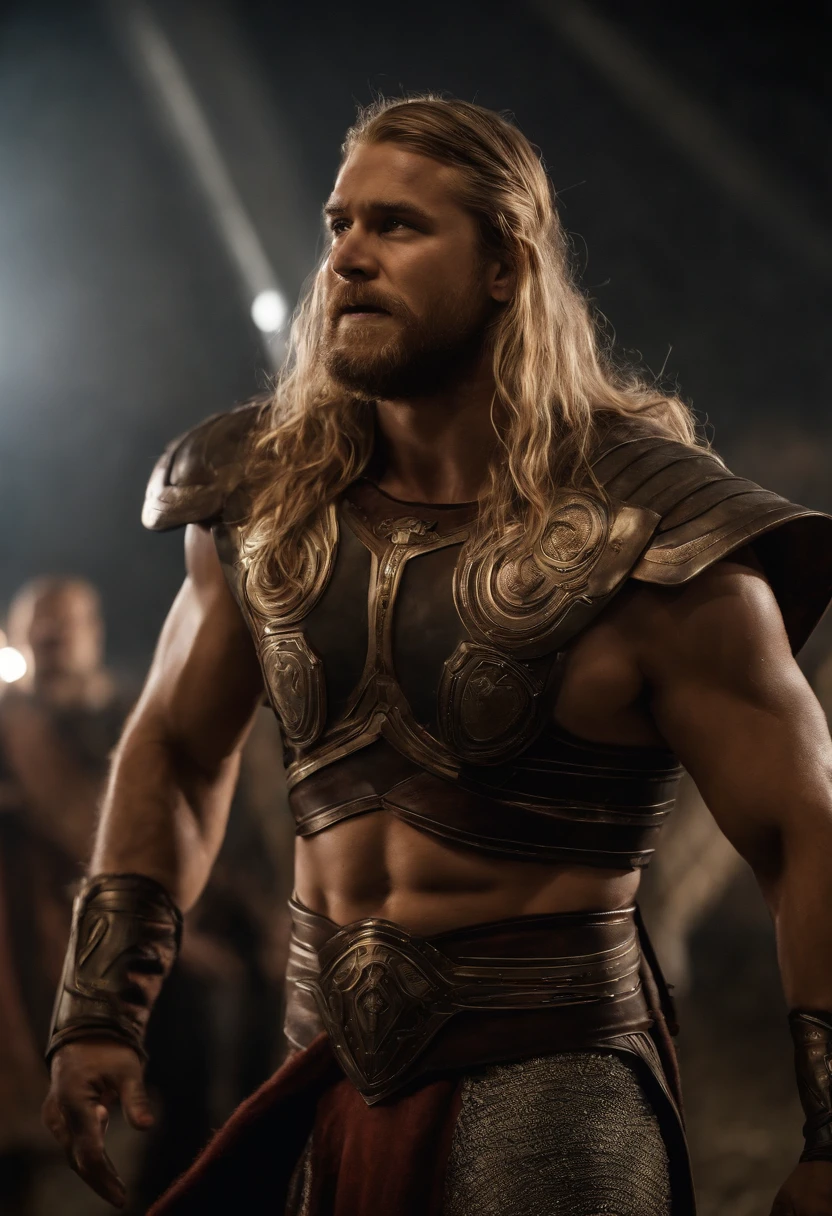 a close up portrait of Poseidon, looking directly into the camera with trident weapon in hand, light brown hair, lightly tanned skin, realistic ultra-detailed, muscular physic, sharp focus, square jaw, best quality, realistic detailed hair texture, realistic skin texture, sharp focus, front view, full body shot, dark blue light armor, high contrast, strong backlighting, action film dark color lut, cinematic luts,(ultra-realistic)masculine face, wrinkles, majestic.