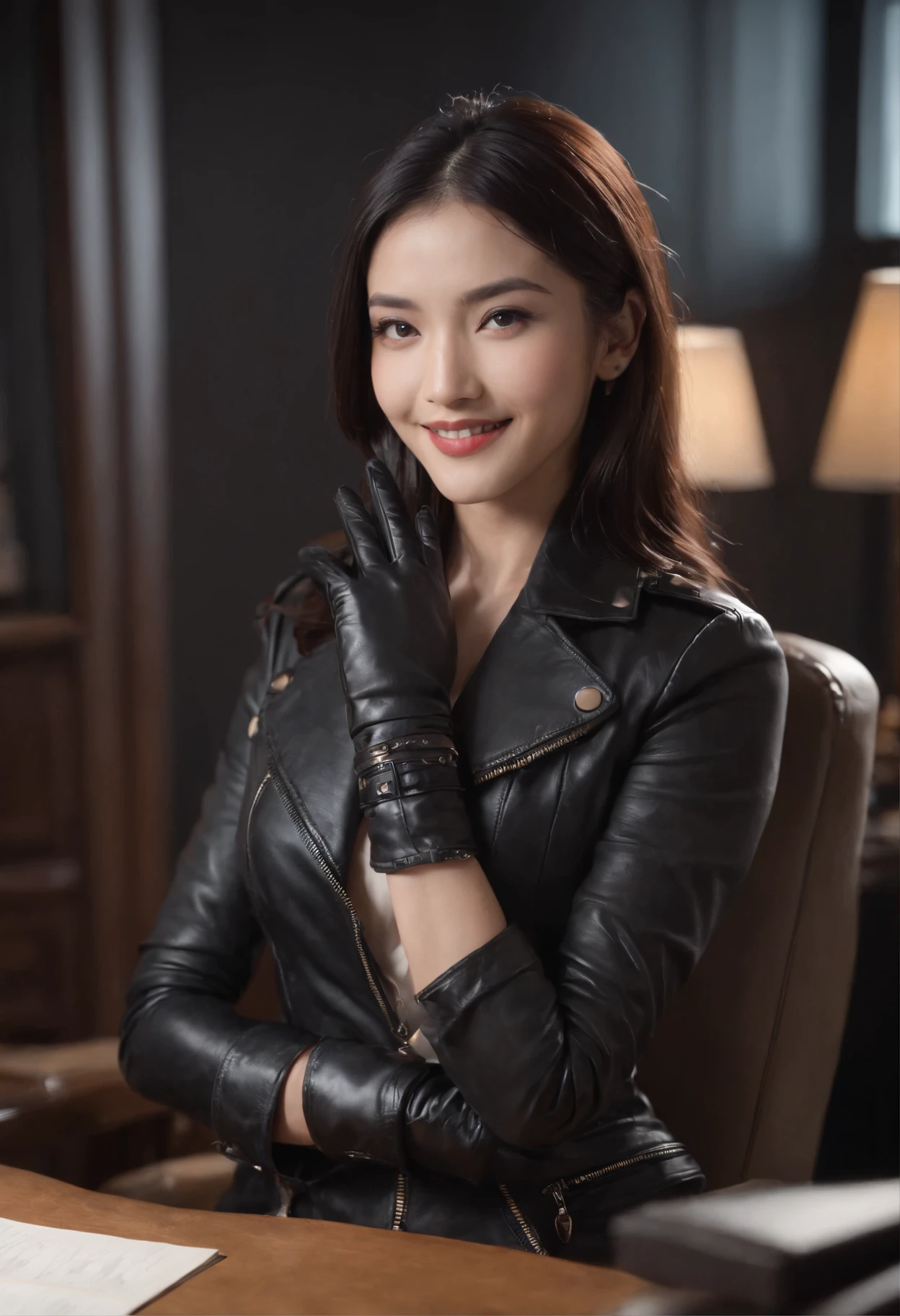 Wearing black leather gloves in both hands, upper body, black leather riders jacket, necklace on the chest, smiling at the desk in the modern study in the dark, long and straight black hair, young Japanese woman (black leather gloves covering both hands) with the fingers of black leather gloves, sitting on a leather chair, working on the computer, staring at the screen