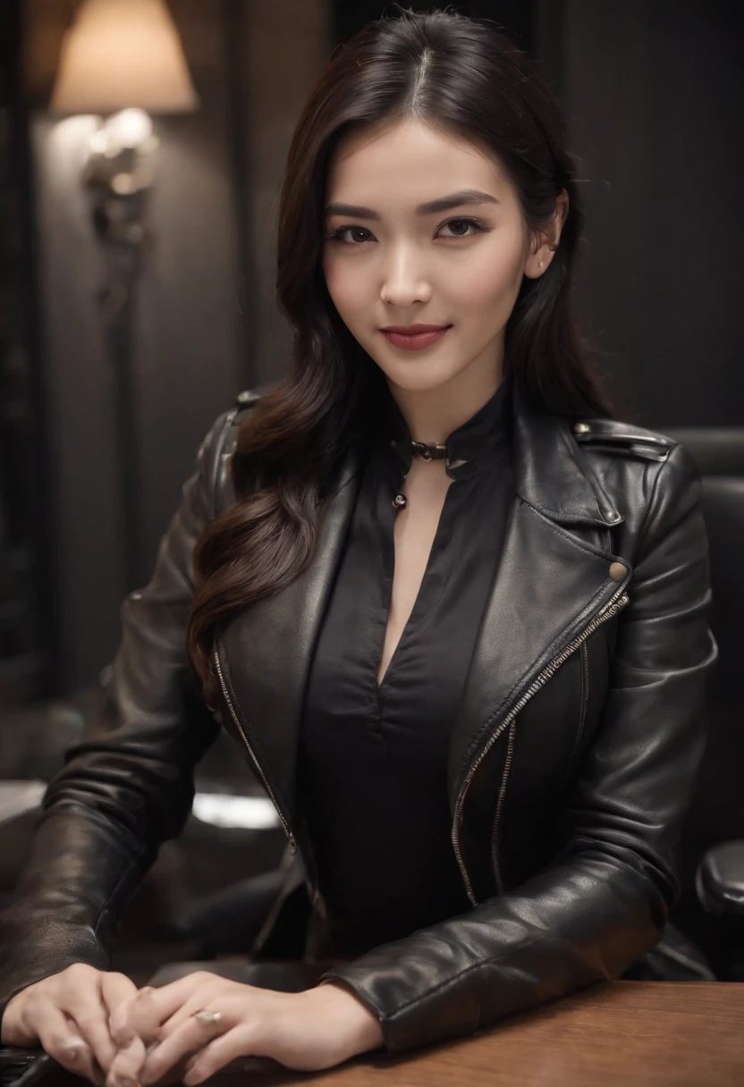 Wearing black leather gloves in both hands, upper body, black leather riders jacket, necklace on the chest, smiling at the desk in the modern study in the dark, long and straight black hair, young Japanese woman (black leather gloves covering both hands) with the fingers of black leather gloves, sitting on a leather chair, working on the computer, staring at the screen