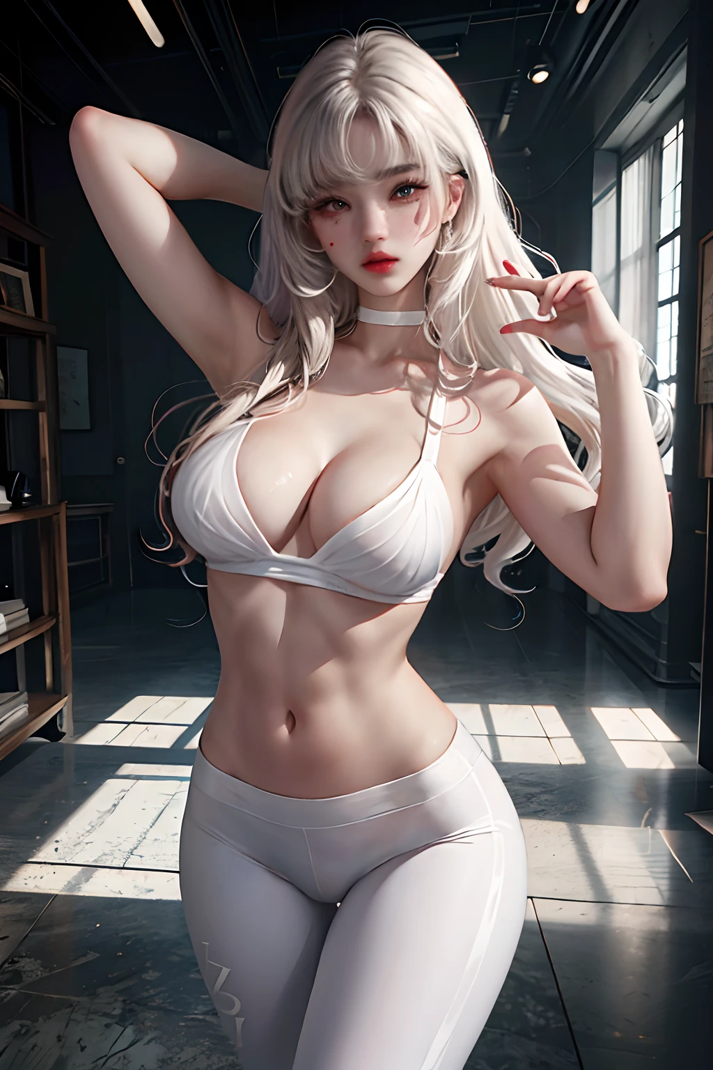 realisticlying,A high resolution,1个Giant Breast Girl,White wavy curls,korean people,Heterochromic eyes,Little moles under the eyes,Loose white shirt,Yoga pants for,,long leges,Tight abs,Sexual lip biting