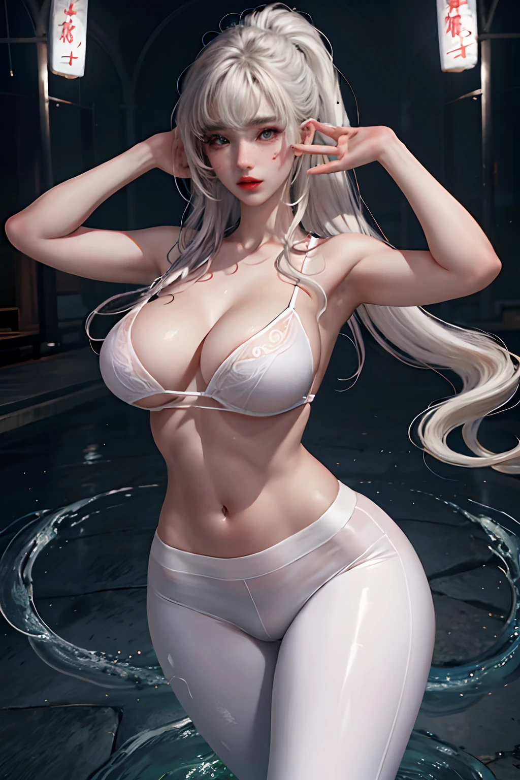 realisticlying,A high resolution,1个Giant Breast Girl,White wavy curls,korean people,Heterochromic eyes,Little moles under the eyes,Loose white shirt,Yoga pants for,,long leges,Tight abs,Sexual lip biting