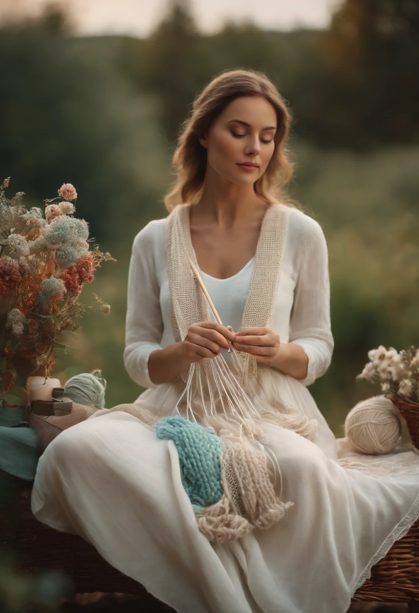 young woman sitting in garden knitting scarf with wool threads. knitting needles in her hands. white silk dress; perfect hands. balls of various colors. beautiful landscape. Soft colors. Soft turquoise light