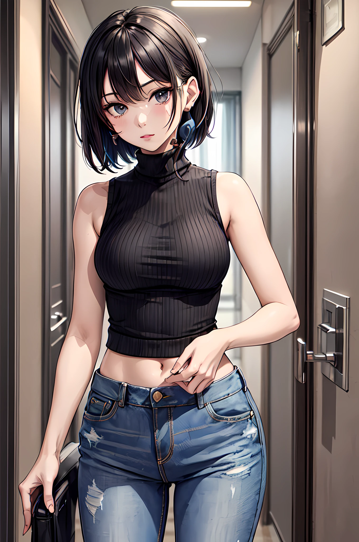 best quality,masterpiece,original,extremely detailed wallpaper,looking at viewer,1girl,solo,black hair,messy hair,bob hair,crop_sweater, demin jeans,turtleneck,headset,standing,sleeveless,