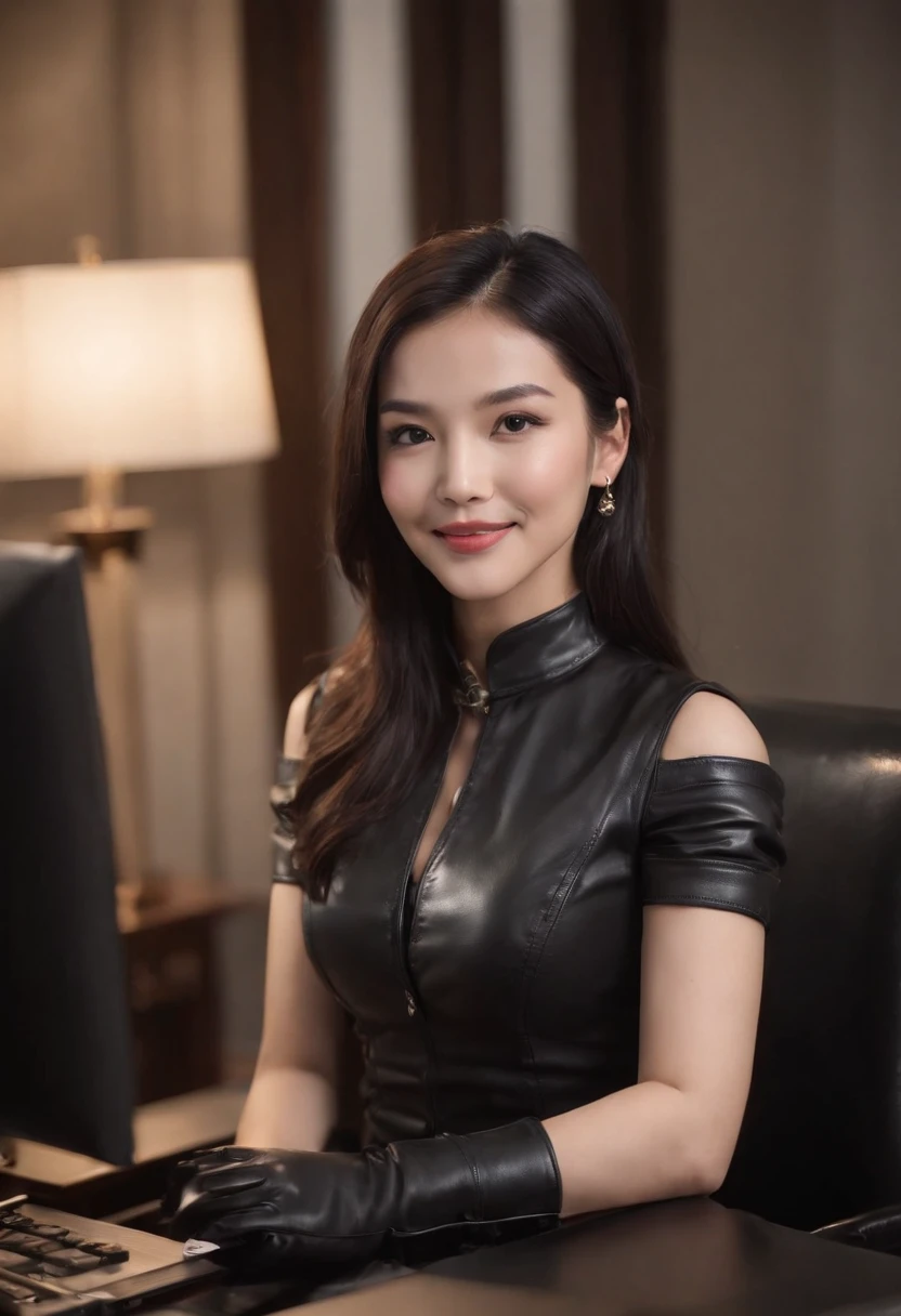 Wearing black leather gloves in both hands, upper body, black leather riders jacket, necklace on the chest, smiling at the desk in the modern study in the dark, long and straight black hair, young Japanese woman (black leather gloves covering both hands) with the fingers of black leather gloves, sitting on a leather chair, working on the computer, staring at the screen