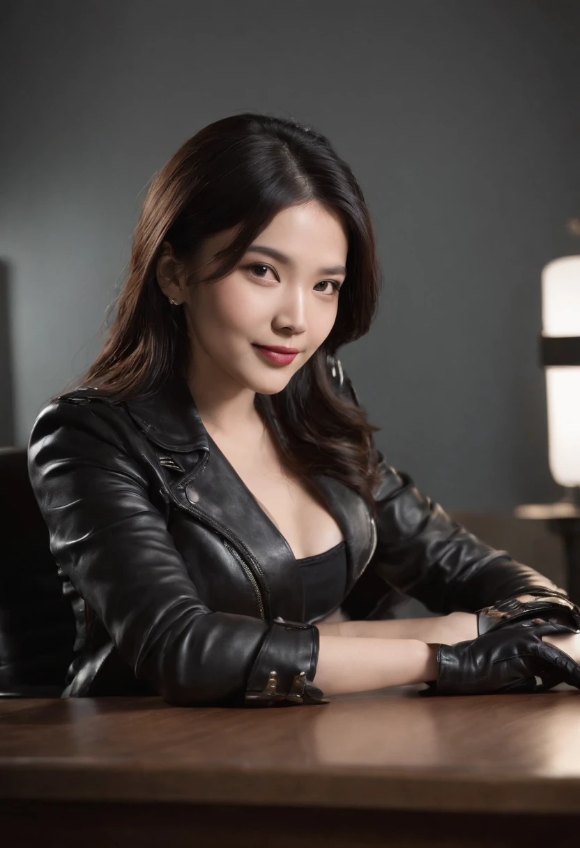 Wearing black leather gloves in both hands, upper body, black leather riders jacket, necklace on the chest, smiling at the desk in the modern study in the dark, long and straight black hair, young Japanese woman (black leather gloves covering both hands) with the fingers of black leather gloves, sitting on a leather chair, working on the computer, staring at the screen