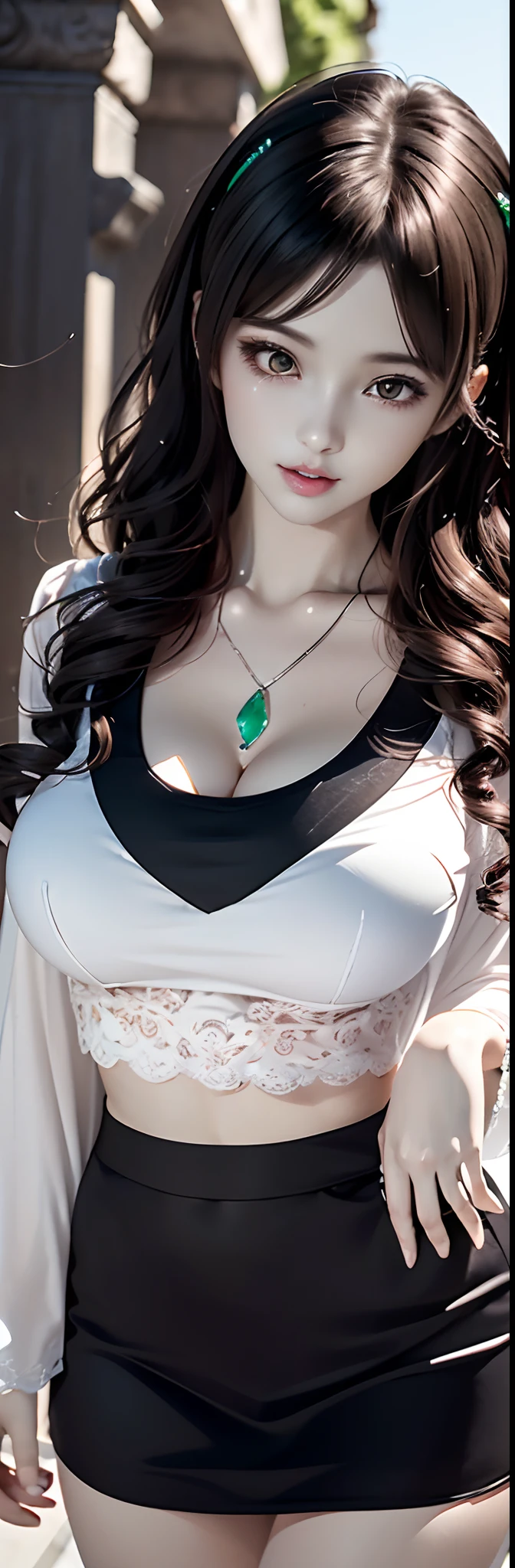 (Best quality, Ultra-detailed, Photorealistic:1.37), 3D anime style girl with green wavy curls, A girl with beautiful and delicate facial features and long eyelashes, Intense red eyes that reflect light, lusciouslips, Multi-colored crystal necklace, Black school uniform with short skirt, Clear black border thigh stockings, Perfect figure, full body shot of, Shot in ultra-wide angle anime style photography.