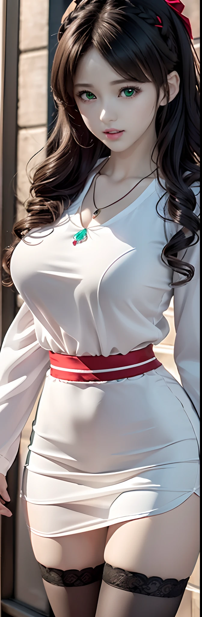 (Best quality, Ultra-detailed, photo-realistic:1.37), 3D anime style girl with green wavy curls,  A delicate facial feature，Girl with long eyelashes, Bright red eyes reflect light, full pouty lips, A colorful crystal necklace, Black school uniform，short  skirt, Clear black border thigh stockings,Perfect body and ultra-wide angle anime shooting.