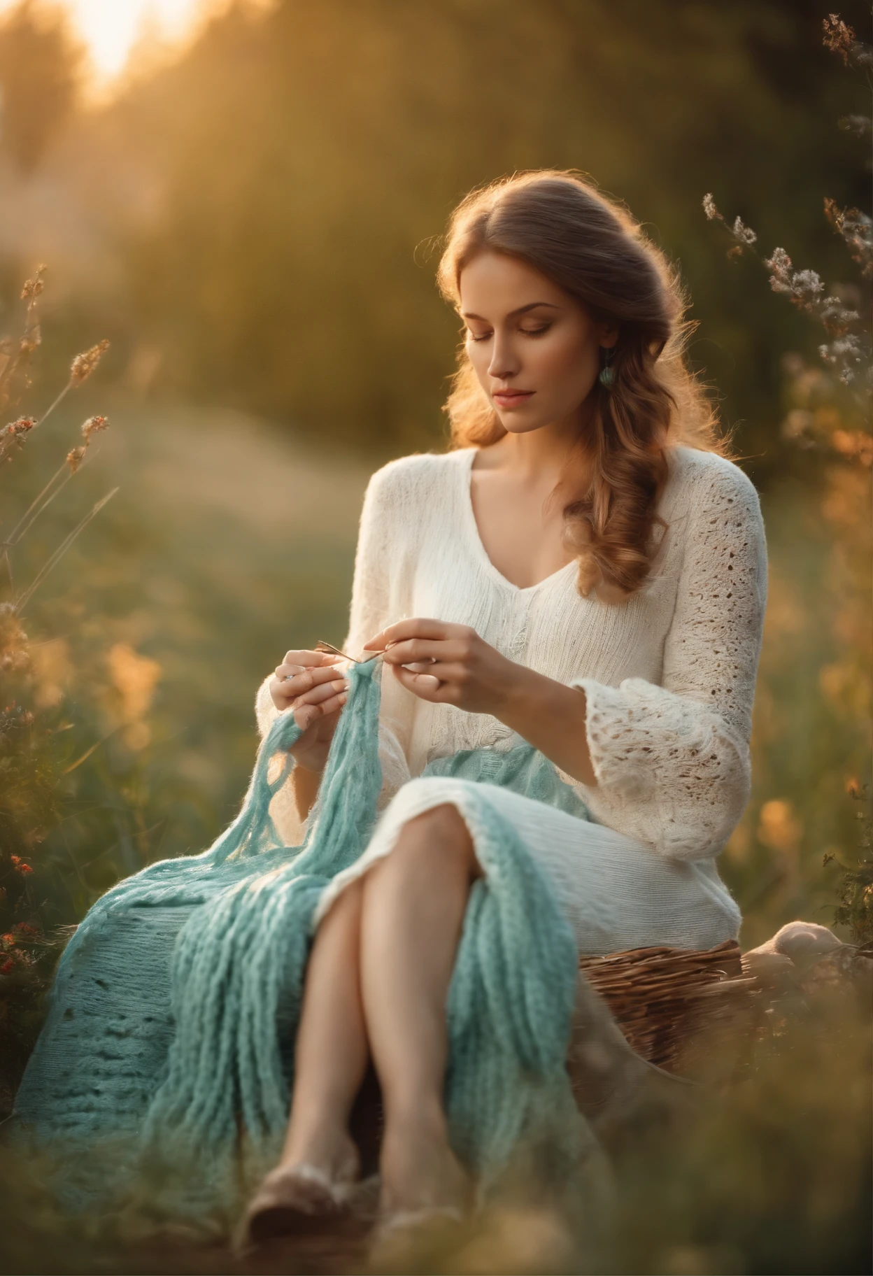 young woman sitting in garden knitting scarf with wool threads. knitting needles in her hands. white silk dress; perfect hands. balls of various colors. beautiful landscape. Soft colors. Soft turquoise light