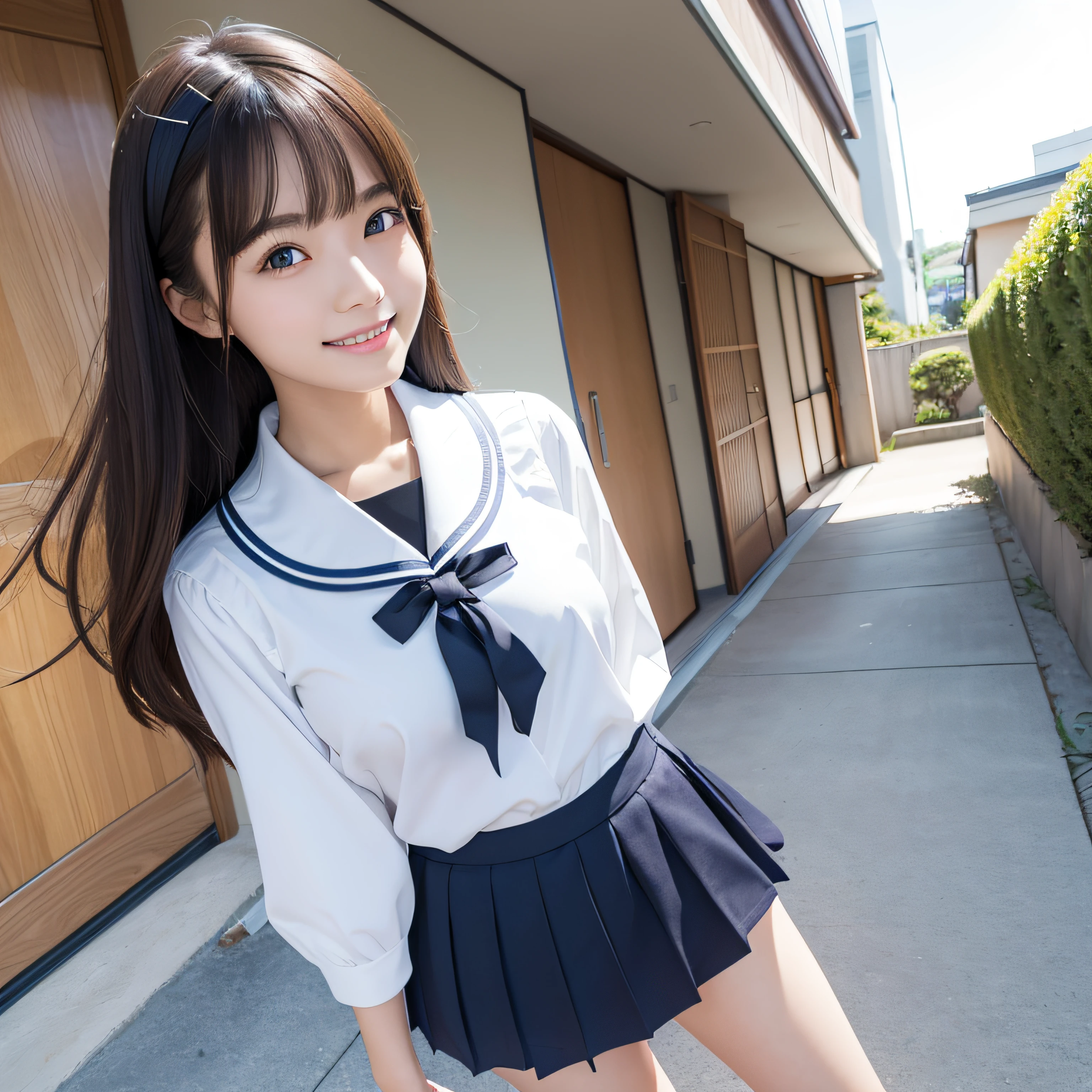 Skinny Legs、Extraordinary beauty、Cute face、The best smile、Cute smile、frontage、slender、straight haired、a miniskirt、Schools、ulzzang -6500-v1.1, (Raw foto:1.2), (Photorealsitic:1.4),　a beautiful detailed girl, extremely detailed eye and face, beatiful detailed eyes,On-campus garden、The skirt is flipped up in the wind 、huge filesize, hight resolution, ighly detailed, top-quality, ​masterpiece, ((Japanese girls' high school uniform)), ighly detailed, nffsw, 8k wallpaper, magnifica, finely detail, top-quality, Highly detailed ticker uniform、 Light on the Face、电影灯光、16yo girl、