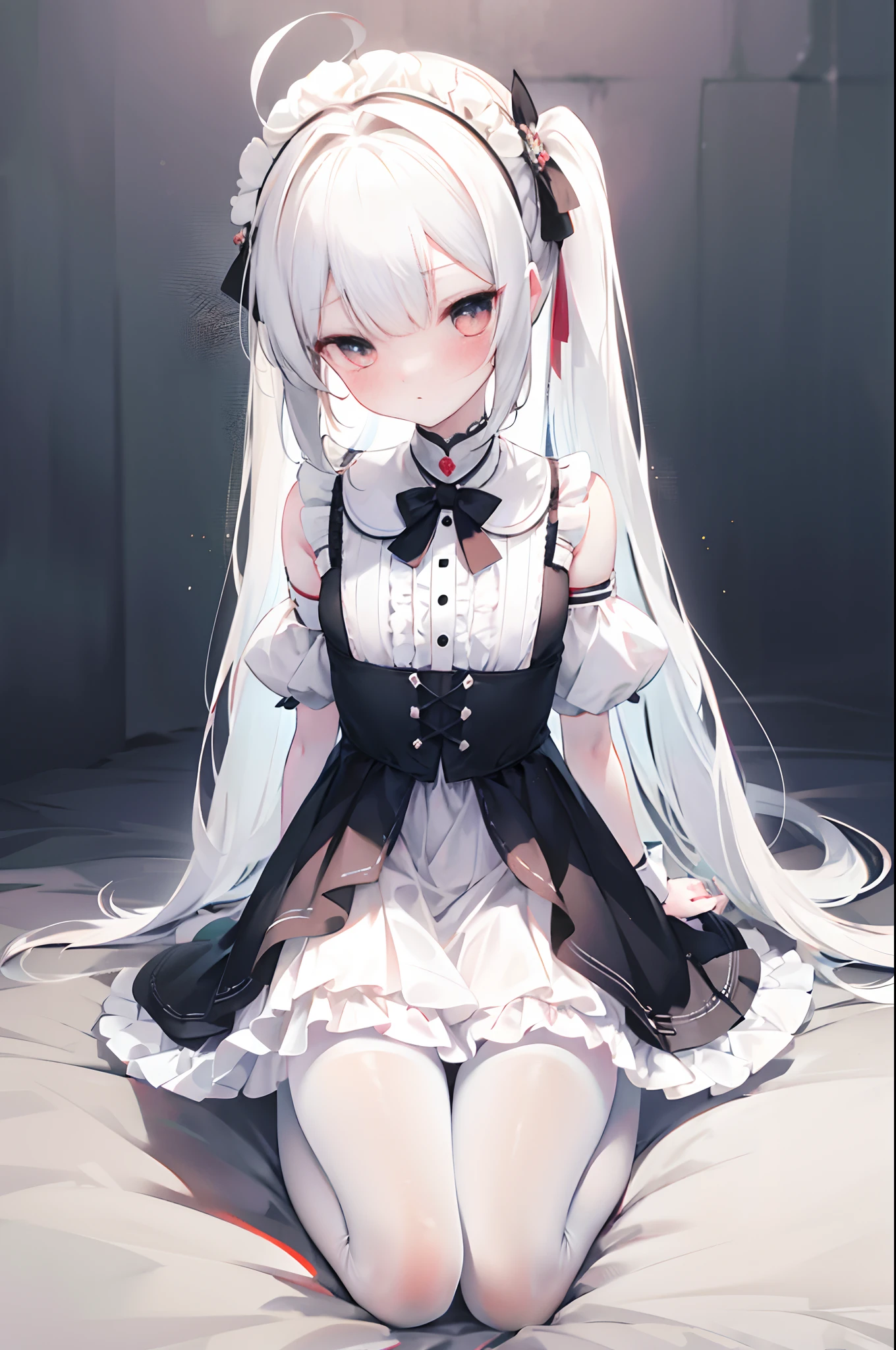 ahoge,bangs,Side_pony tails,White_Hair,Red_Eyes,reaching,Embarrassed,standing,Loli,flat_chest,slippers,shift dresses,rendering by octane,Meticulous painting,flowers meadows,angle of view,shoulder cutout,From above,full bodyesbian,Perspective,Overall view,,on top of the bed,Bedroom,A high resolution,art of light novel,art of light novel,Petite,lolita fashion,Petite,Babe,ahoge,Long hair,White hair,White_Hair,Red_Eyes,Kneeling&setting on floot,wariza,Slim legs,hand between legs,Blush,Beautiful detailed eyes,Sweet_Lolita,White pantyhose,White stockings,White_upper legs,no shoe,Collar,neck bowtie,Tiny_chest,Tiny_chest,One guy,One guy,Maid dress,dress,