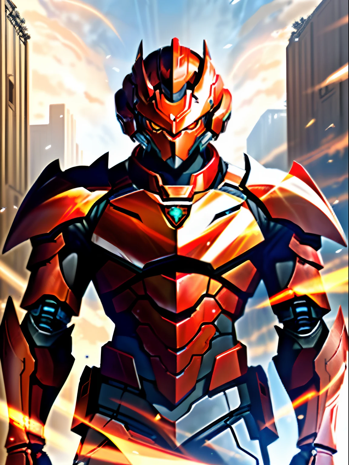 Red tech armor for male anime characters with futuristic looks,brown hair,with brown eye, Red mechanical armor, official character art, offcial art,, Covered with technical armor