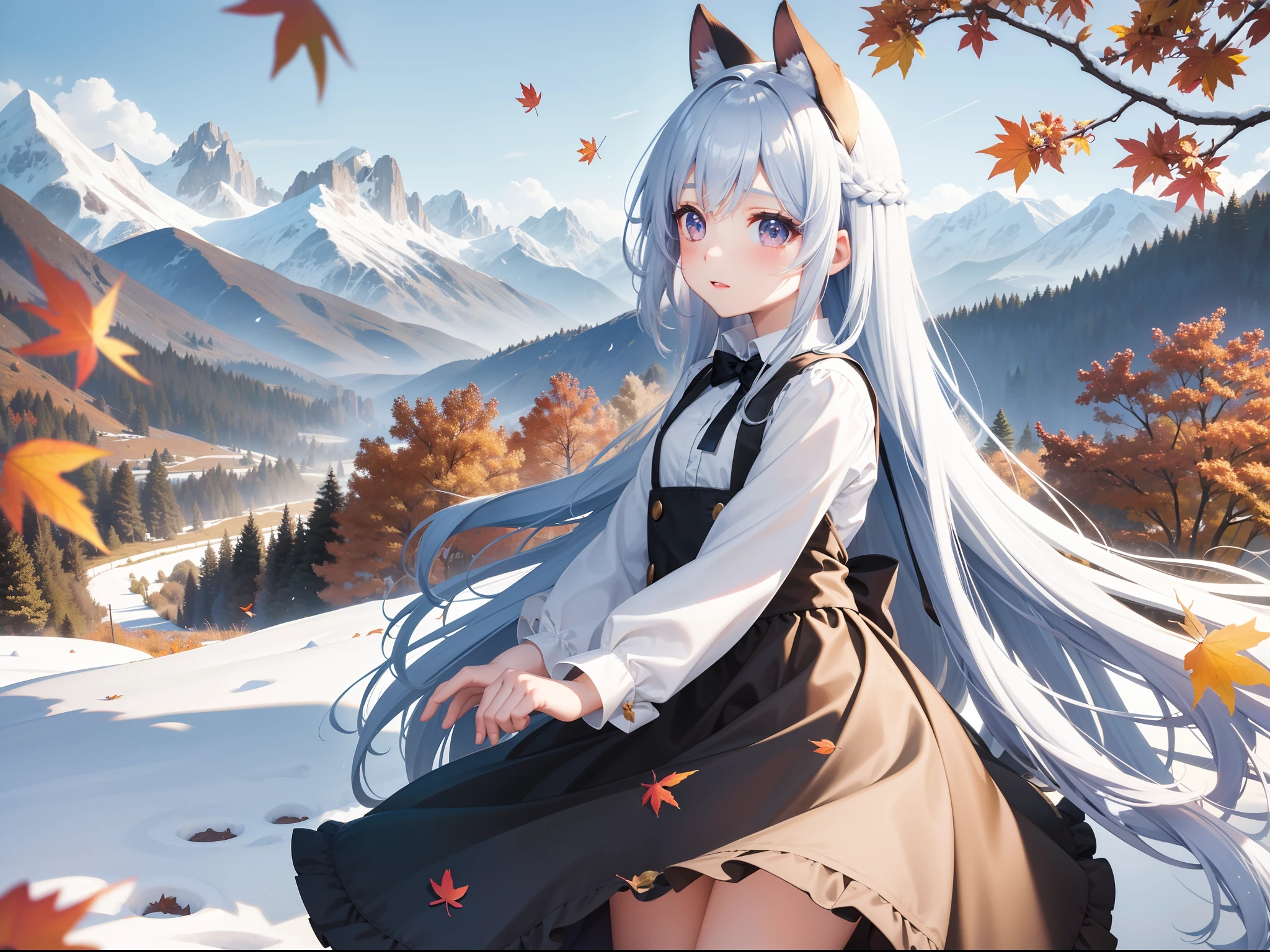 Pretty girl Snowy mountains can be seen in the distance A park on a hill with autumn leaves Long blue hair Twin-tailed Black eyes Brown and white dress Very Beautiful Little Girl Photo of falling leaves fluttering