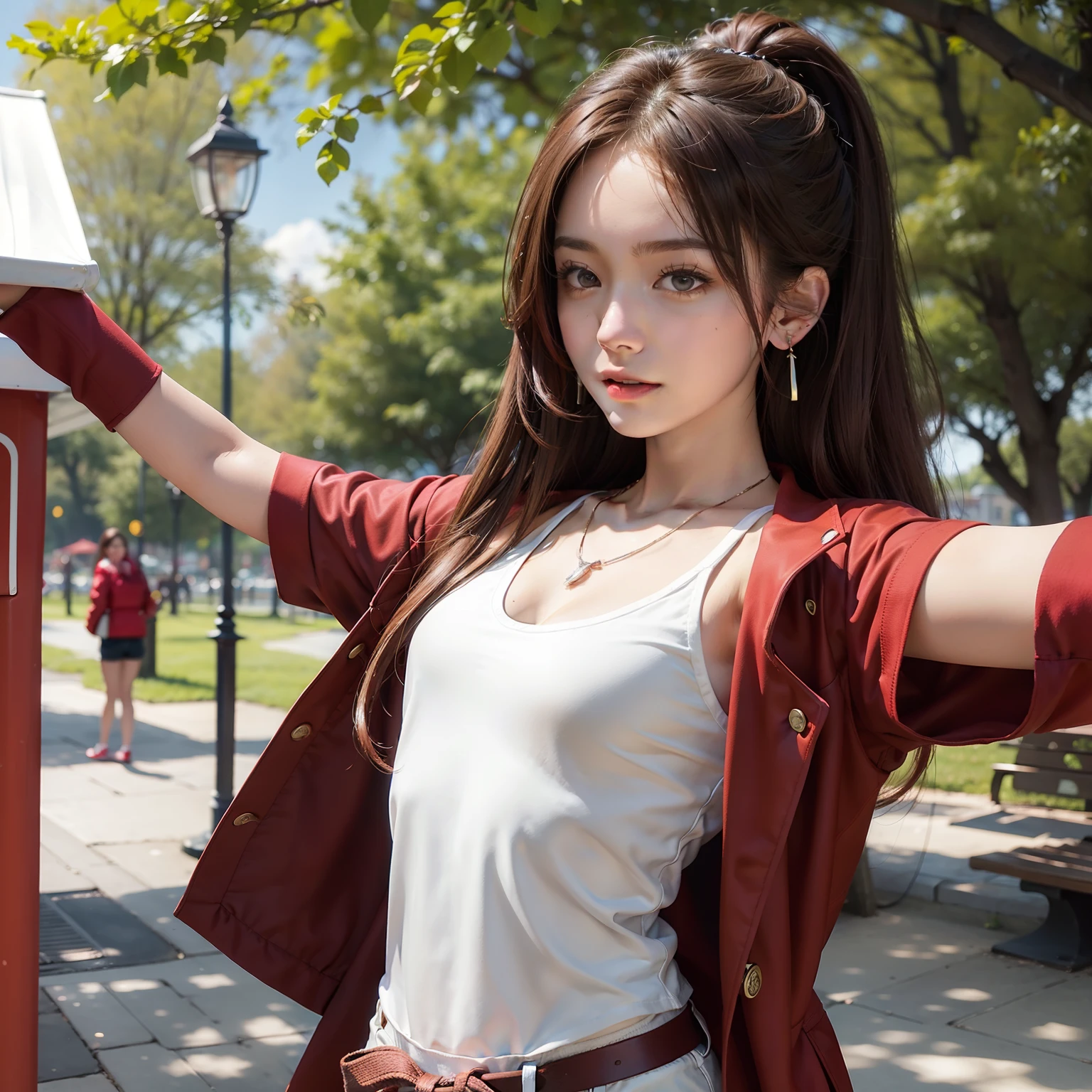 Brown hair long,White vest red coat,Woman in shorts,Stretching his arms,In the park kiosk,Wearing necklace earrings,sunshine on body
