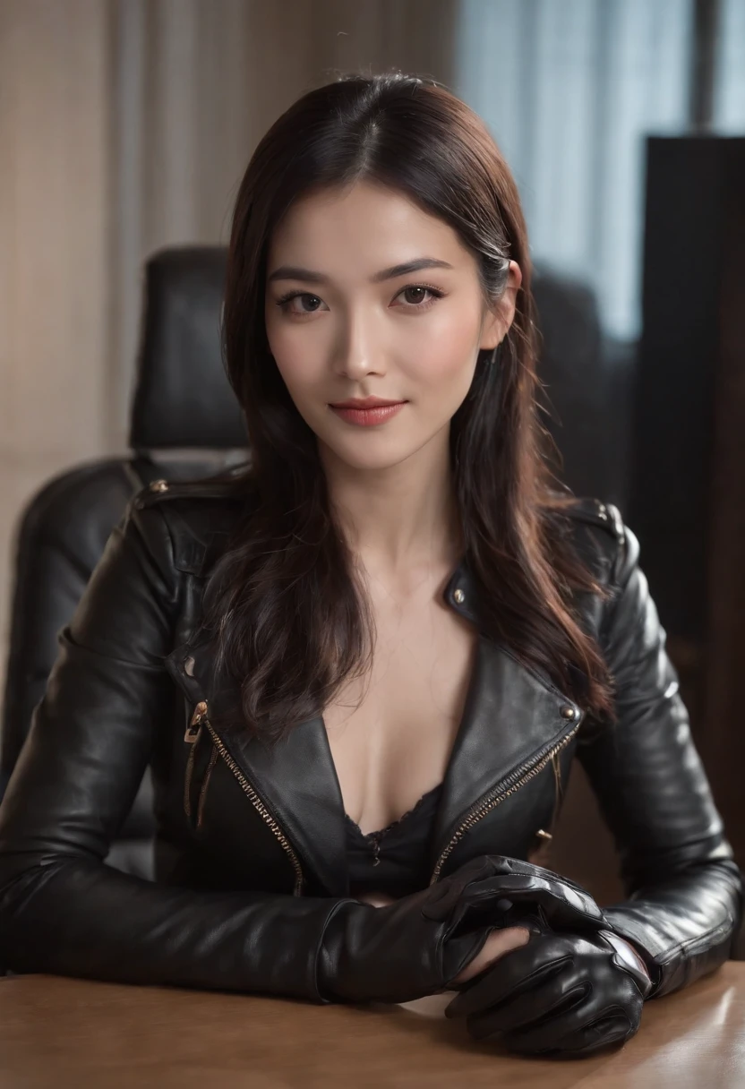 Wearing black leather gloves in both hands, upper body, black leather riders jacket, necklace on the chest, smiling at the desk in the modern study in the dark, long and straight black hair, young Japanese woman (black leather gloves covering both hands) with the fingers of black leather gloves, sitting on a leather chair, working on the computer, staring at the screen
