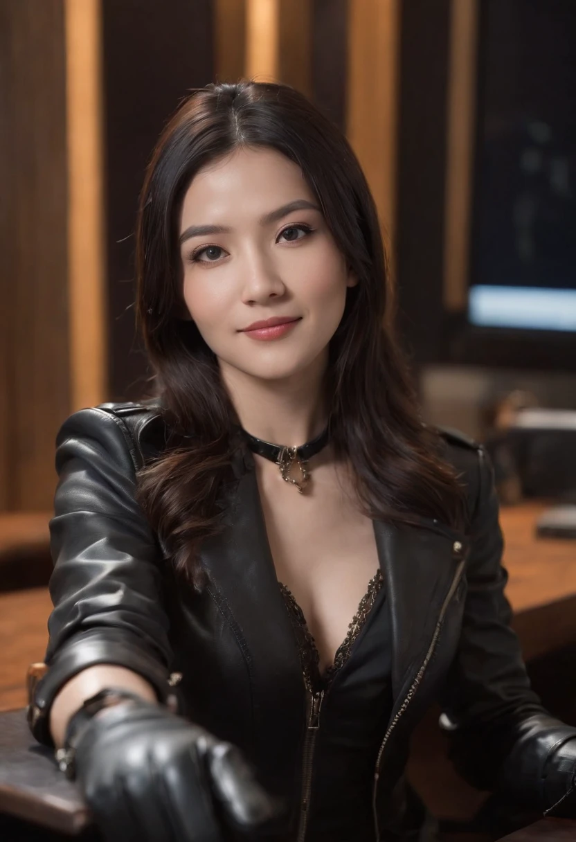 Wearing black leather gloves in both hands, upper body, black leather riders jacket, necklace on the chest, smiling at the desk in the modern study in the dark, long and straight black hair, young Japanese woman (black leather gloves covering both hands) with the fingers of black leather gloves, sitting on a leather chair, working on the computer, staring at the screen