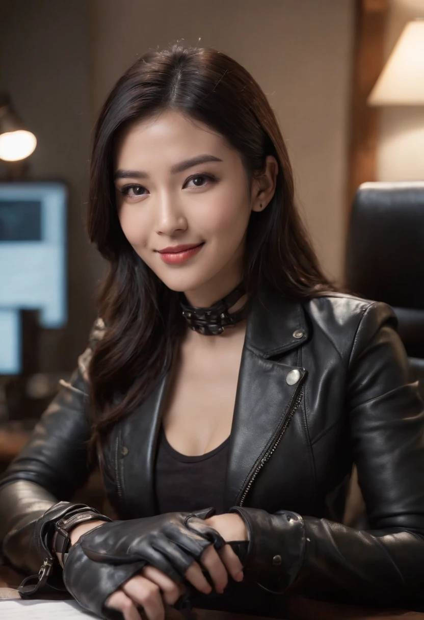 Wearing black leather gloves in both hands, upper body, black leather riders jacket, necklace on the chest, smiling at the desk in the modern study in the dark, long and straight black hair, young Japanese woman (black leather gloves covering both hands) with the fingers of black leather gloves, sitting on a leather chair, working on the computer, staring at the screen