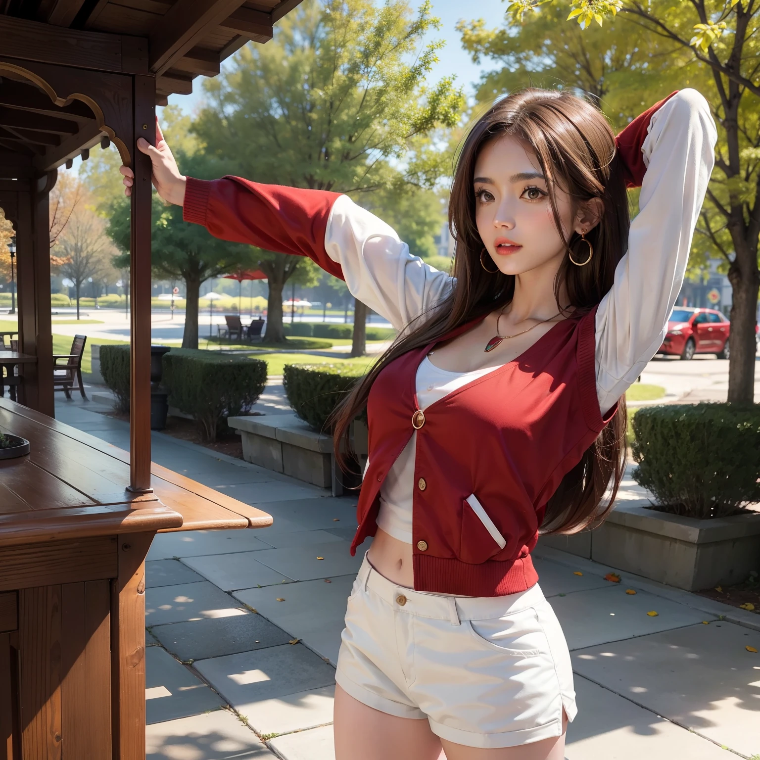 Brown hair long,White vest red coat,Woman in shorts,Stretching his arms,In the park kiosk,Wearing necklace earrings,sunshine on body