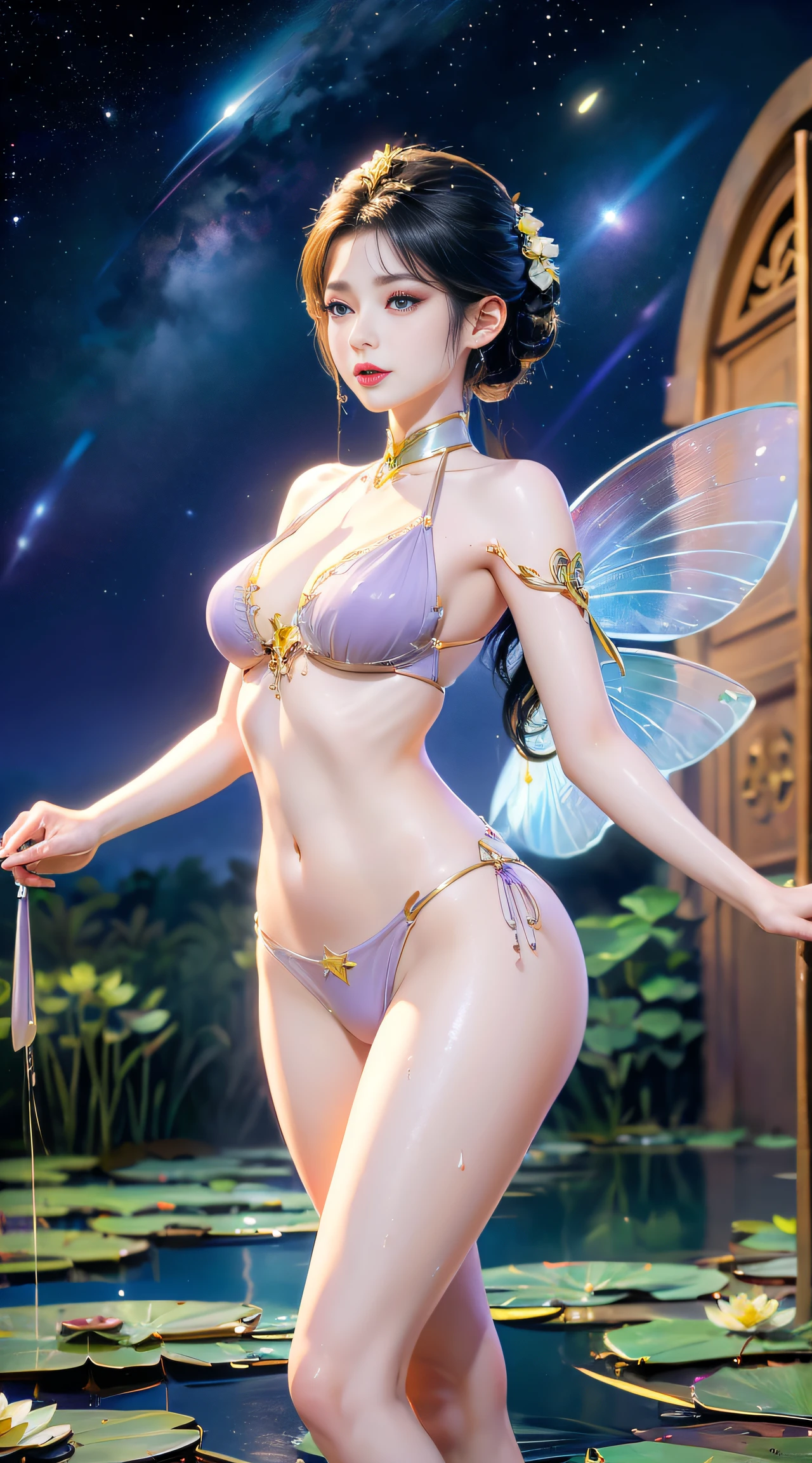 (((1 fairy standing on a lotus pond))), (((nude))), hair jewelry, double tail, (exquisite jewelry), flawless beautiful face of goddess Athena ,((white lace bikini with exquisite details)), legendary goddess, symbolic goddess, sparkling beautiful goddess style, red lipstick,(shy), detailed and delicate, beautiful lips delicate and delicate details, (pure and flawless face: 1.9), goddess body, round chest, long flat bangs, flower tattoo on forehead, beautiful face Bright and well-proportioned eyes , (light purple eyes: 1.8) , (big round eyes and makeup, sexy wet eye makeup, very beautiful and meticulous hair makeup, long and delicate hair, delicate, shape: 1.8), shape : and vivid, ((stars that make up the sky: 1.7), (((sky in the sky and the blue gate of fictional time and space: 1.8))), fictional art, (( lambent))