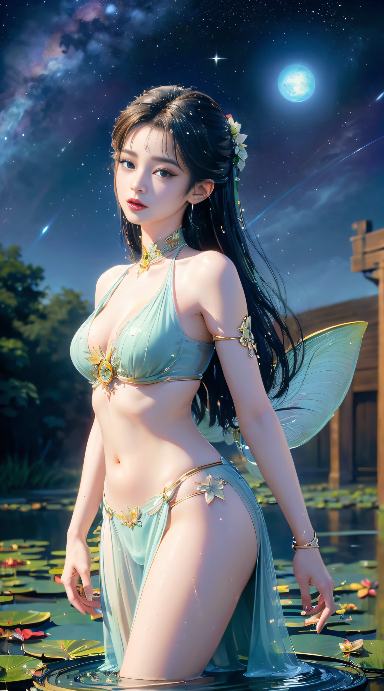 (((1 fairy standing on a lotus pond))), (((nude))), hair jewelry, double tail, (exquisite jewelry), flawless beautiful face of goddess Athena ,((white lace bikini with exquisite details)), legendary goddess, symbolic goddess, sparkling beautiful goddess style, red lipstick,(shy), detailed and delicate, beautiful lips delicate and delicate details, (pure and flawless face: 1.9), goddess body, round chest, long flat bangs, flower tattoo on forehead, beautiful face Bright and well-proportioned eyes , (light purple eyes: 1.8) , (big round eyes and makeup, sexy wet eye makeup, very beautiful and meticulous hair makeup, long and delicate hair, delicate, shape: 1.8), shape : and vivid, ((stars that make up the sky: 1.7), (((sky in the sky and the blue gate of fictional time and space: 1.8))), fictional art, (( lambent))