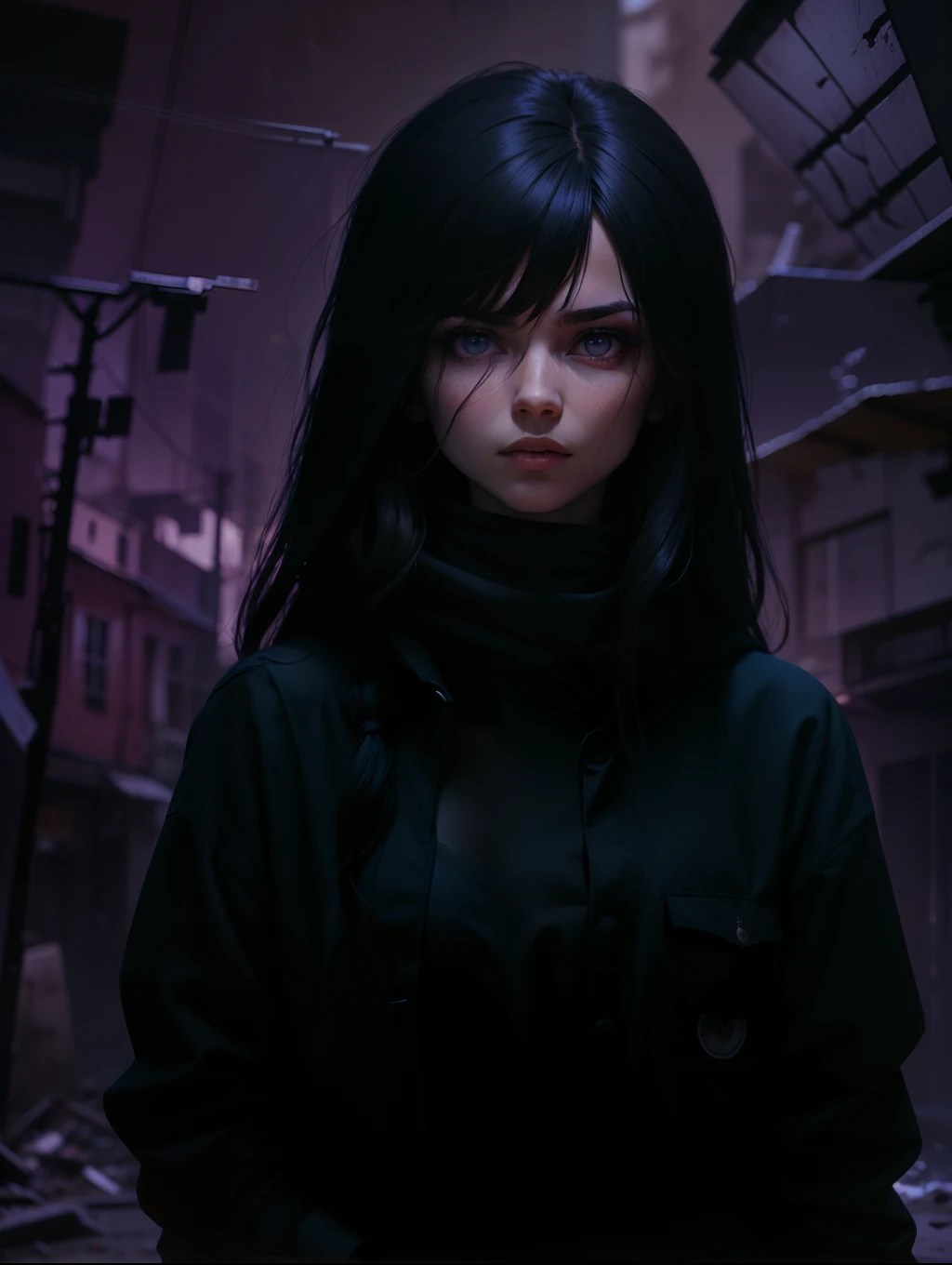 Garota, olho violeta, destruction in the background, destroyed world,