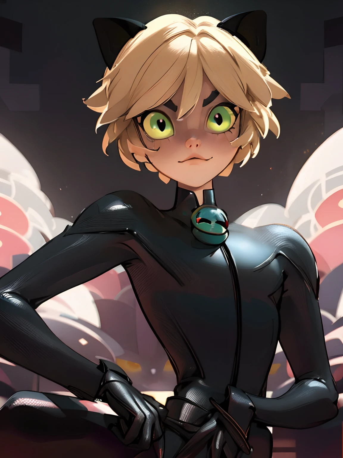 Chat Noir from Miraculous Ladybug; (((Best quality))) master piece vector illustration; anime character in sharp focus; detailed and vibrant anime face;  character design; beautiful and vibrant digital art, hyperdetailed; overexaggerated features; Dynamic Lighting; Volumetric Lighting in 8k, Ultra Sharp Focus; intricate Artwork Masterpiece