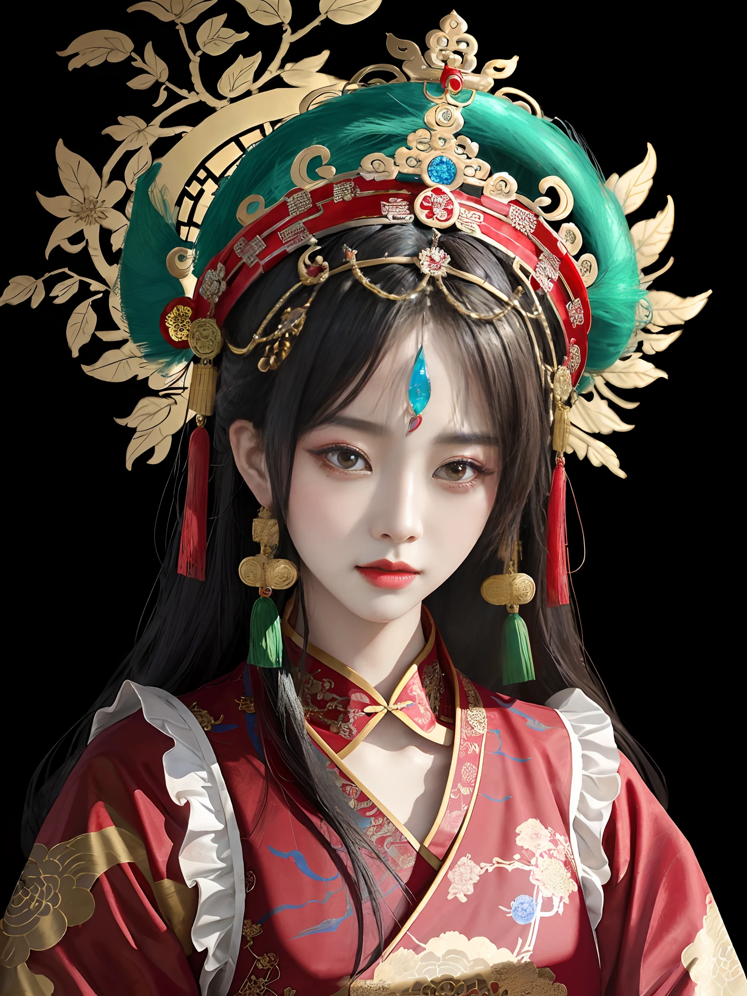 Close-up of a woman wearing a red and blue headdress, chinese empress, a beautiful fantasy empress, ((a beautiful fantasy empress)), Princesa chinesa antiga, Hanfu, Chinese traditional, ancient china art style, China Princess, gorgeous and huge head ornaments, Inspired by Lan Ying, Palace , A girl in Hanfu, inspired by Park Hua, beijing opera