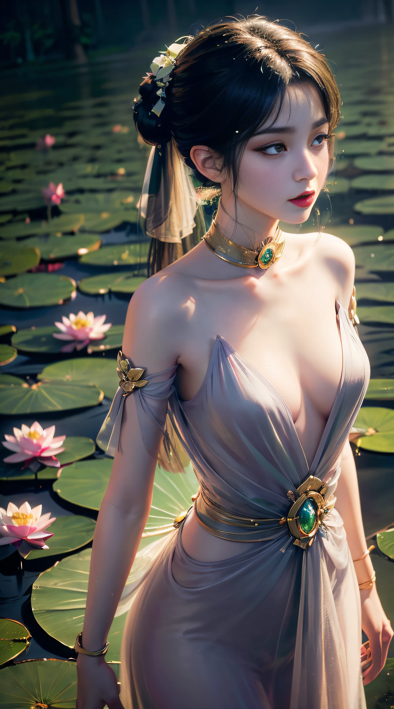 (((1 fairy standing on a lotus pond))), (((nude))), legendary goddess, symbolic goddess, red lipstick beautiful goddess style, (shy), detailed and refined delicate, beautiful lips delicate and delicately detailed, (flawless face: 1.9), goddess body, round chest, long flat bangs, flower tattoo on forehead, beautiful face Eyes and symmetry , (light purple eyes: 1.8) , (big round eyes and makeup, sexy wet eye makeup, very beautiful and meticulous hair makeup, long and delicate hair, delicate, shape: 1.8), shape : and vivid, fictional art, ((soft light))