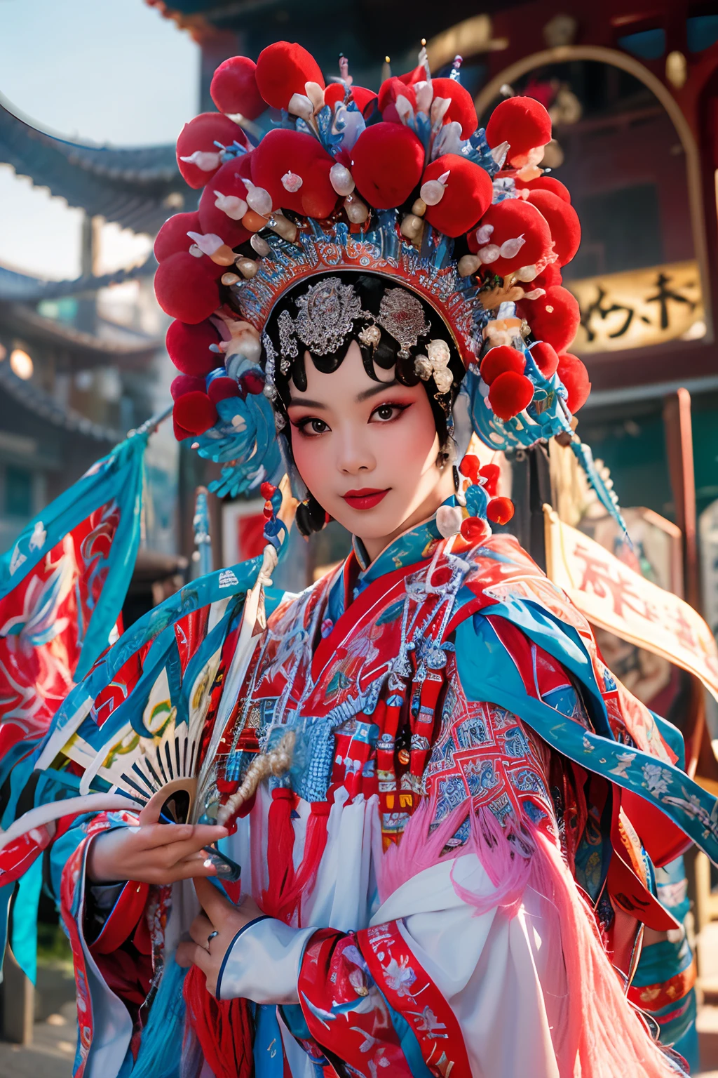 8K，RAW photos，best qualtiy，tmasterpiece，realisticlying，photograph realistic，ultra - detailed，
Close-up，A beautiful woman dressed in a Chinese Peking Opera costume stands on the stage，Close-up of holding a fan，looking at viewert， ssmile， From the front， CNOperaCrown， putting makeup on， head gear， （（（CNOperaFlag）））， The flag is from behind， The upper part of the body， nipple tassels，