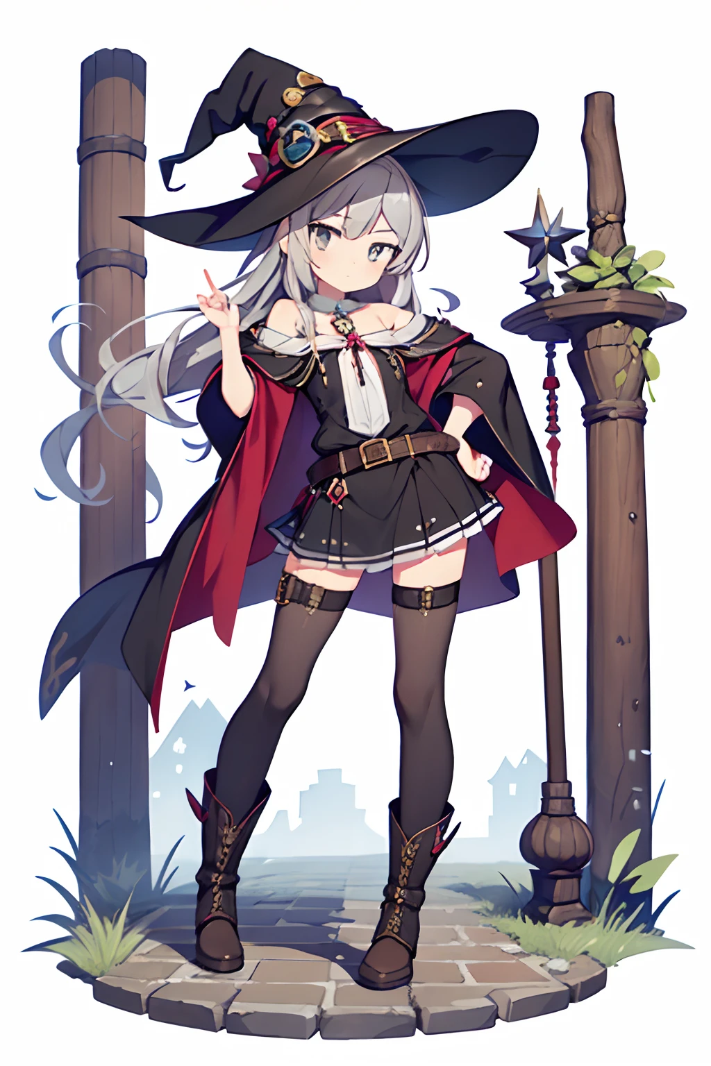(1girl in:1.2), (Solo:1.2) , nffsw, Shaders, Brilliant Textured Work, Ultra-detailed eyes, ultra-intricate pupil in eyes, top-quality, full body, witch's hat, Leather belt on hat, Gray hair, long hair, Smooth straight hair, deadpan, No emotion, Gray eyes, a closed mouth, witch clothing, off shoulder, Stone wall, Brick floor, , , , Witch's Boots, looking at viewer, dynamic ungle, garter ring, slim body, slim legs, collarbones, no holding, jitome, stroking own chin,