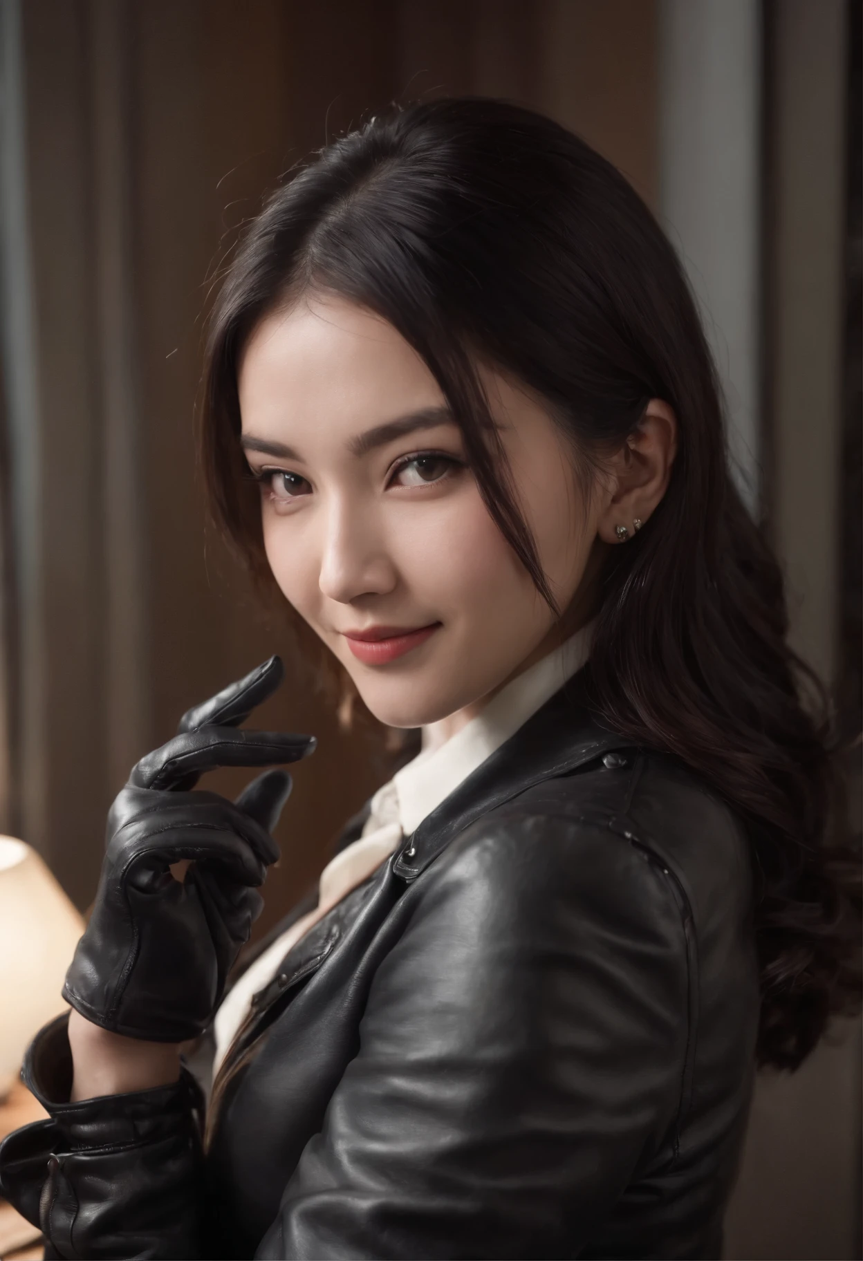 Wearing black leather gloves in both hands, upper body, black leather riders jacket, necklace on the chest, smiling at the desk in the modern study in the dark, long and straight black hair, young Japanese woman (black leather gloves covering both hands) with the fingers of black leather gloves, sitting on a leather chair, working on the computer, staring at the screen