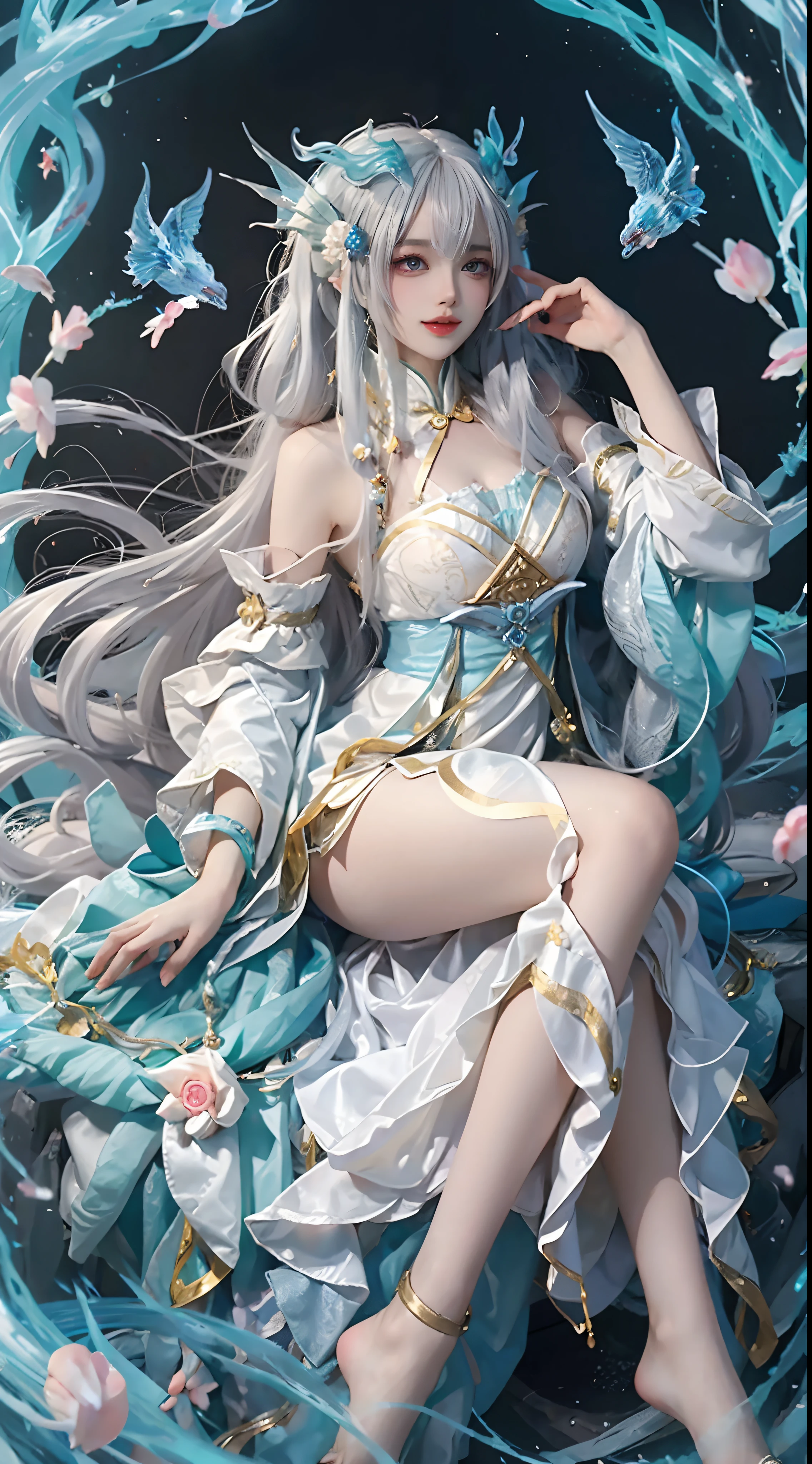 Beautiful celestial mage，Amazing young ethereal characters，shaxi，A flowing magic robe，White Hanfu，xianxia fantasy，Beauty Delfin，Ethereal fantasy，Elegant and charming cosplay，one-girl，((sitted))，Bend your legs，((Top-down view))，Feminine and colorful，It's tumultuous，Hands relax naturally，nighttime scene，Lots of neon