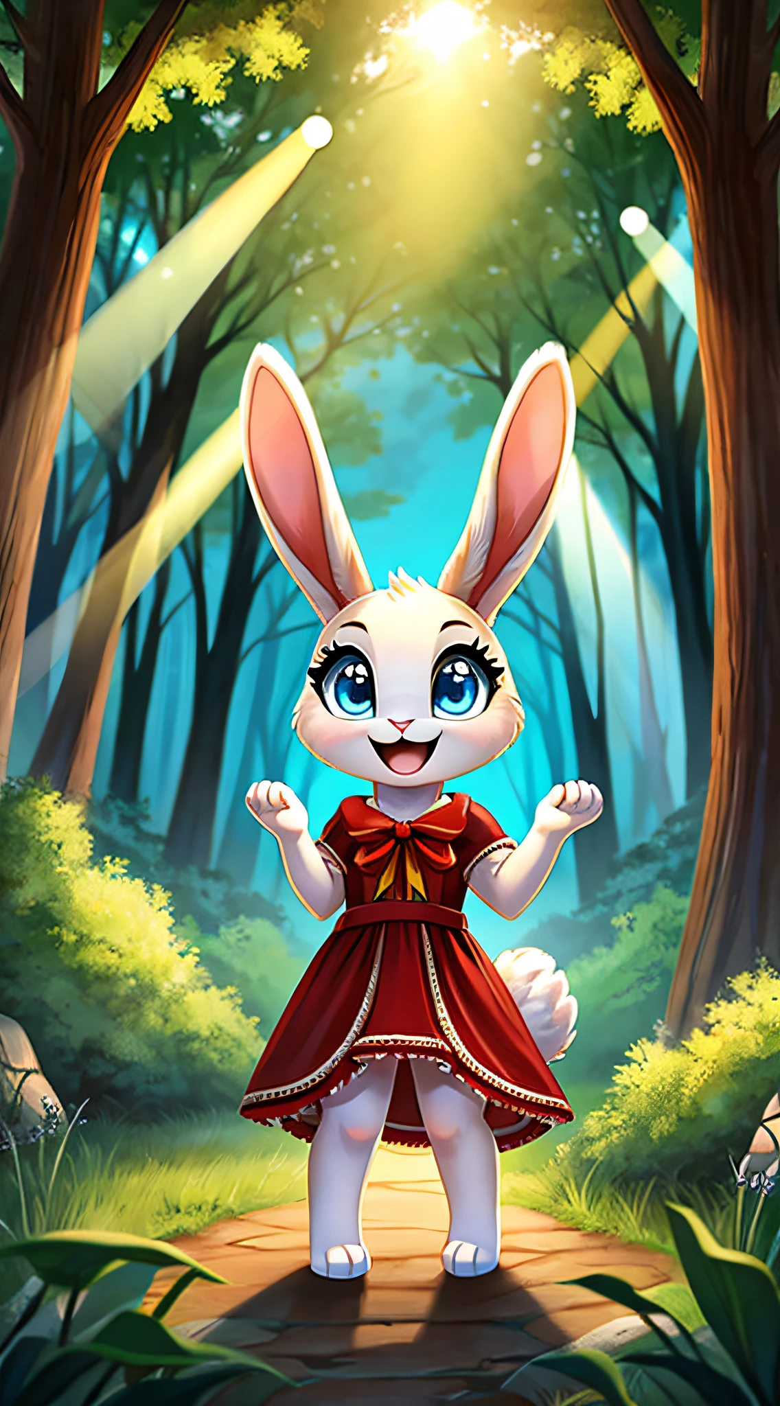zoomed out image, fantasy style art, cute, adorable, short character, small, tiny little fluffy female white bunny with blue eyes, large poofy rabbit tail, big floppy ears, long ears, ears perked up, raised ears, long eyelashes, wearing a red frilly ribbon dress, smiling, standing in a forest, big expressive smile, open mouth, wide eyes, excited eyes, excited face, stunning visuals, sunrays through the trees, digital illustration