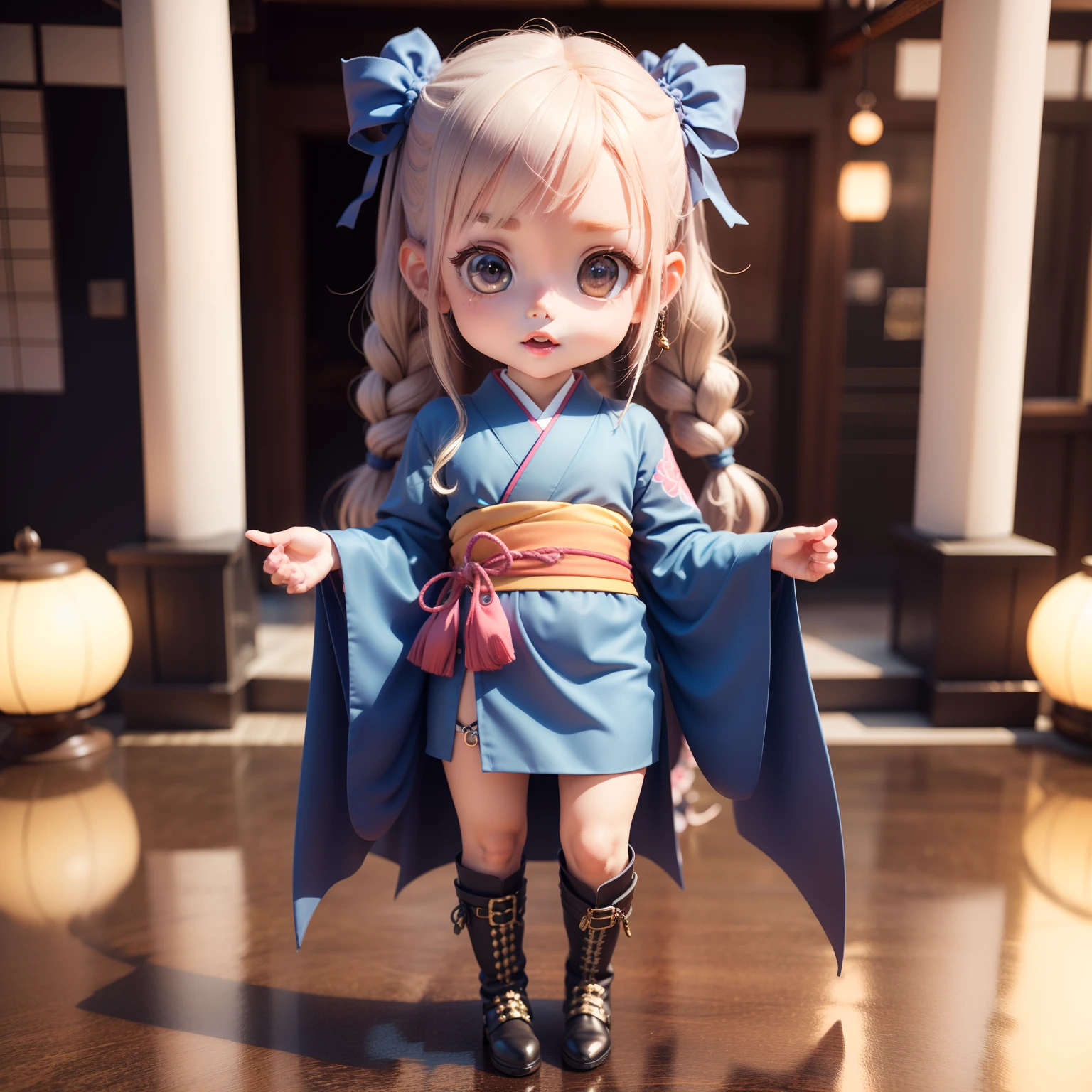 Cute Baby Chibi Anime,(((Chibi 3D))) (Best Quality) (Master Price)、Innovative Jewelry Decoration Costume Funa Kimono、long hair with pale blue braids、punk fashion、Amiage Boots、( fair:1.5)