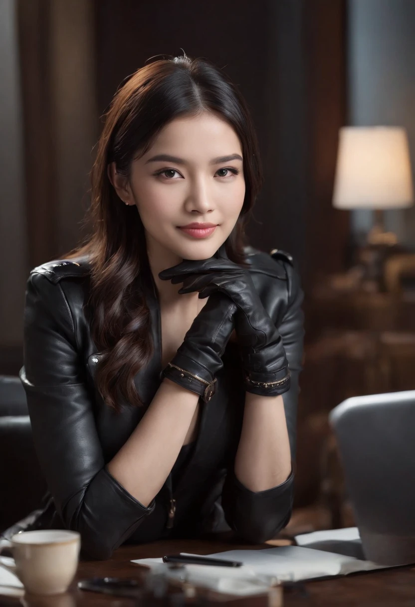 Wearing black leather gloves in both hands, upper body, black leather riders jacket, necklace on the chest, smiling at the desk in the modern study in the dark, long and straight black hair, young Japanese woman (black leather gloves covering both hands) with the fingers of black leather gloves, sitting on a leather chair, working on the computer, staring at the screen