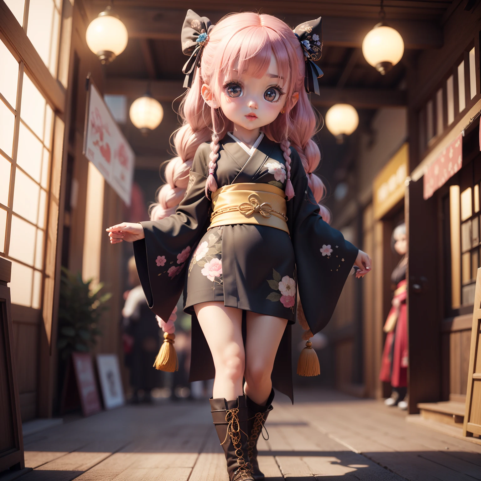 Cute Chibi Anime,(((Chibi 3D))) (Best Quality) (Master Price)、Innovative Jewelry Decoration Costume Funa Kimono、long hair with pale blue braids、punk fashion、Amiage Boots、( fair:1.5)