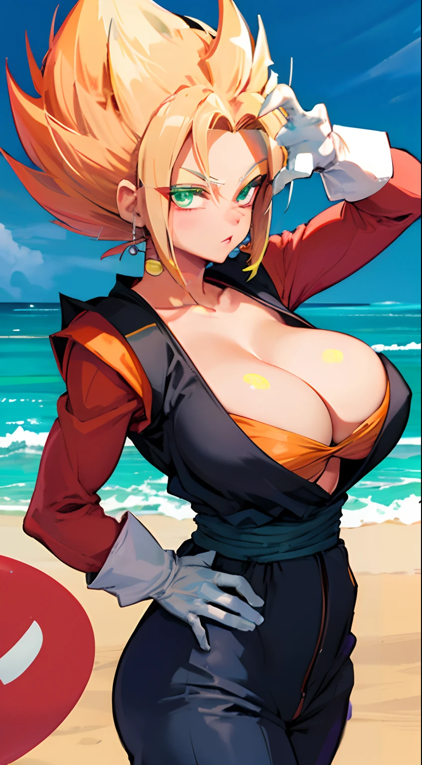 vegetto, 1 sexy girl, spiked hair, potara, white gloves, big tits, big ass, tight suit, victory pose, thin hips, looking at viewer, front view., vegetto, spiked hair, potara, white gloves(( big breasts) ((beach))