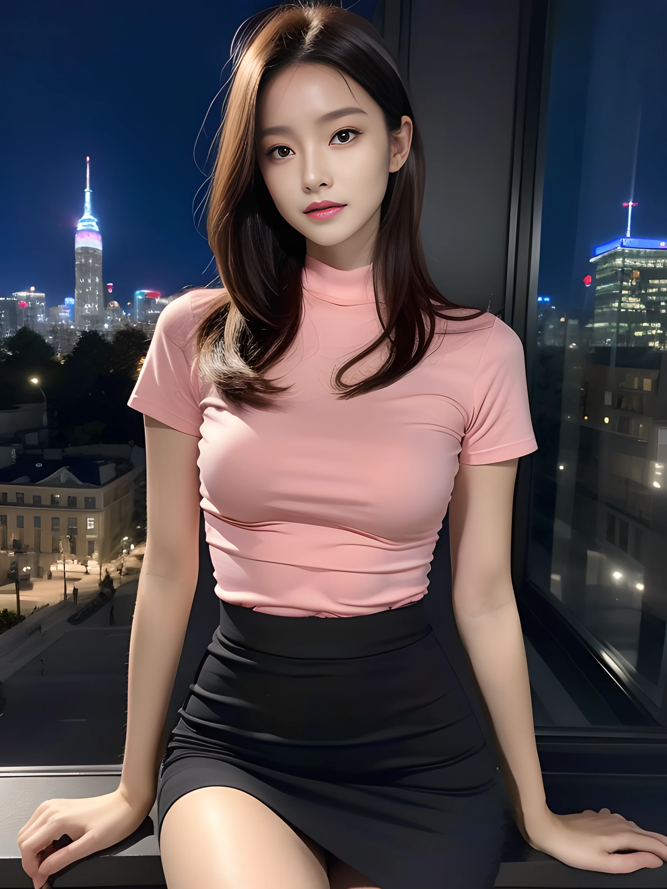 （（midynight， Acura， 8K， tmasterpiece： 1.3））， full bodyesbian， long leges， Focalors： 1.2， perfect figure beautiful woman： 1.4， Slim abs： 1.1， （dark brown  hair，： 1.2 ））， （Pink skinny T-shirt，short  skirt，sitting on a stool： 1.2）， （city night scene， the roof： 1.3））， Highly Detailed Face and Skin Textur， detailedeyes， 二重まぶた，