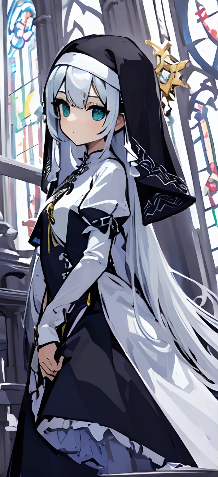 best qualtiy,tmasterpiece,Ultimate Resolution,downy,highly colorful,Colorful,saintess,silver white hair,a matural female,Crop topping,Nun dresses and cheongsam dresses,Frill panniers, Metamorphosis is exposed,cathedral,sanctuary,Normal posture