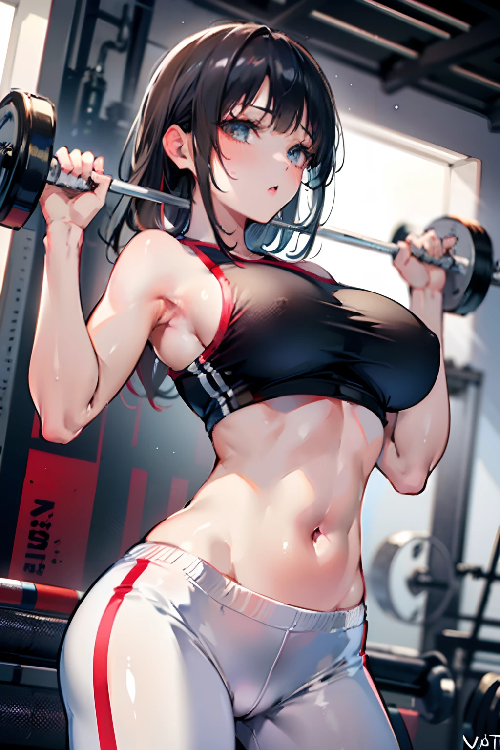 arafed asian woman in white pants and a tank tops, (matured woman, weight lifting:1.3, holding dumbbell:1.2), cottagecore!! fitness body, chun li at the gym, model with attractive body, japanese model, fitness girl, smooth body features, strong body, photo of slim girl model, in a gym, sporty physique, (ultra high resolution, 8K RAW photo, super photo realistics), textile shading, dynamic dutch angle, from below, BREAK, ((fine detailed eyes:1.2, fine detailed face:1.1)),