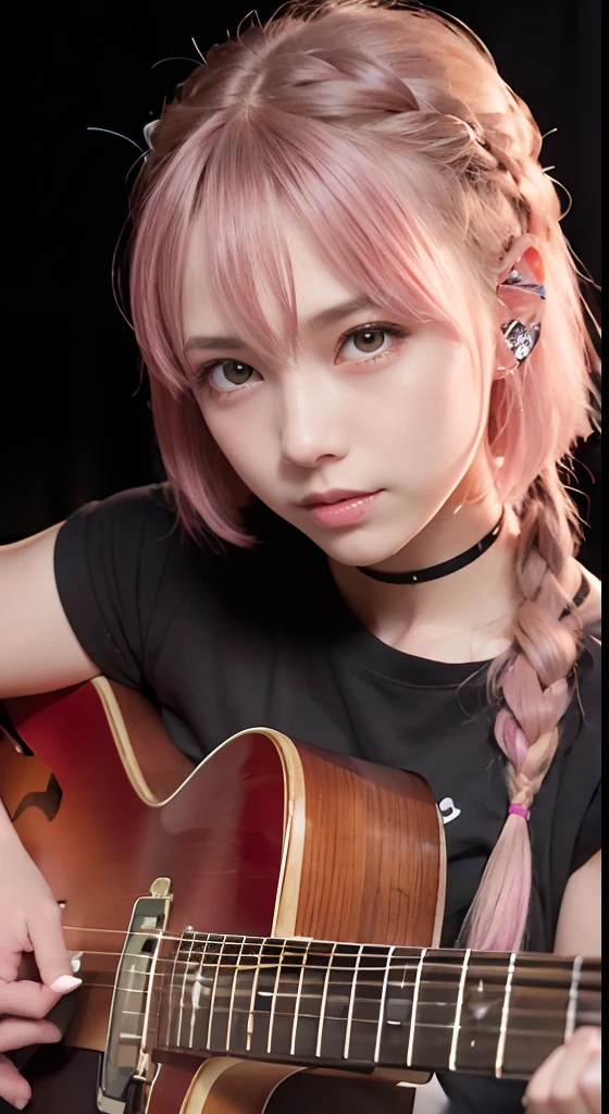 a closeup、faces、(A smile:1.5),(facing front:1.2), An 18-year-old woman,(hi-top fade:1.3), 18year old, s girl,no tail,(no tail),2D, masterpiece, top-quality, animesque, A detailed eye, A detailed face, girl with, Only 1 person,Pink Hair Medium Hair, (Pink hair), Ear Hair, small tits, Single braid, (Single braid), (Side braid), (Playing the Red Electric Guitar, 6 strings), Dark theme, Muted colors, High contrast, (Tuttos skin texture, Hyper-Realism, Soft light, sharp), Psychedelic T-shirt,