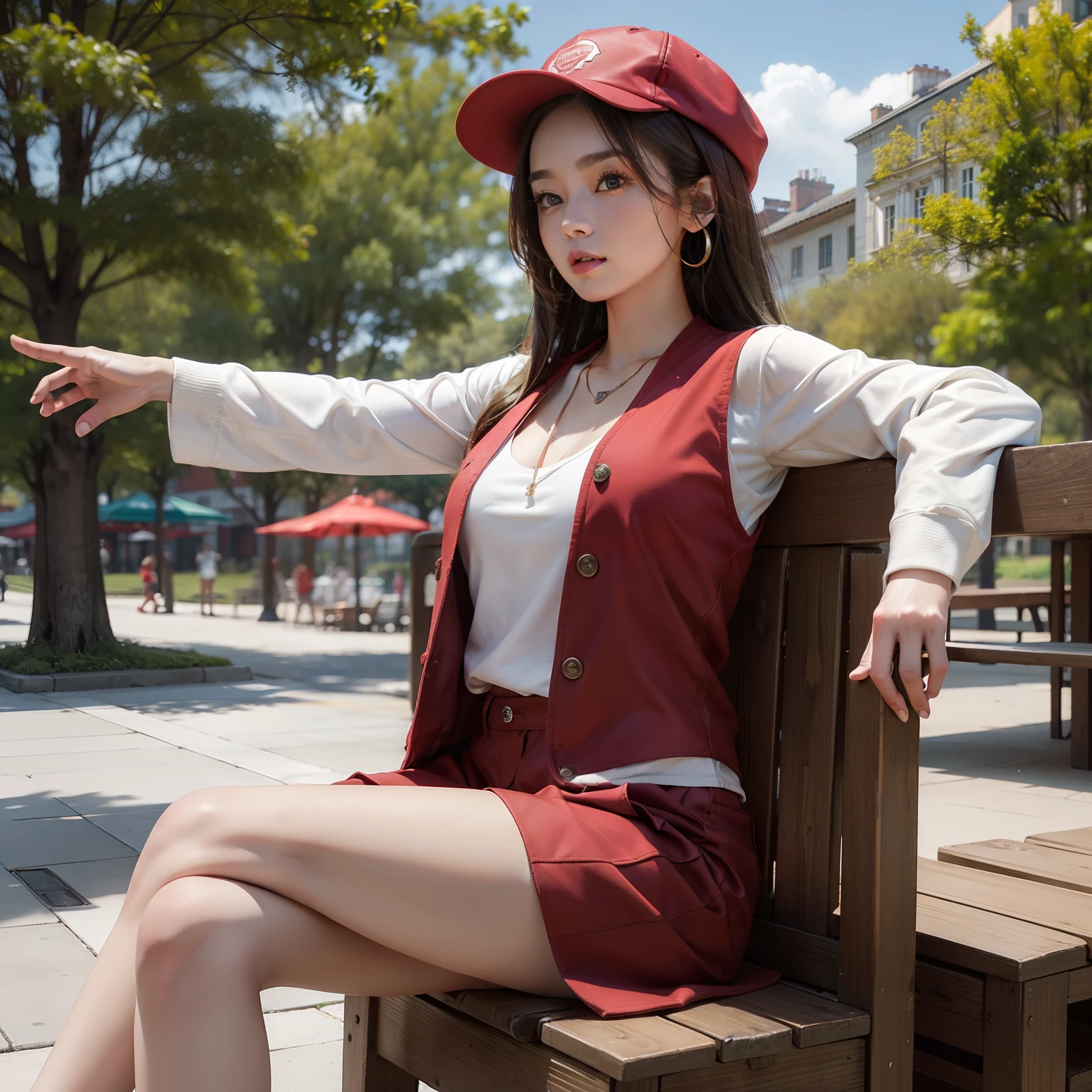 Brown hair long，White vest red coat，Woman in Shorts，stretching out arms，At the park kiosk，Wear necklace earrings，sunshine on body，With a hat on，sitting on a stool
