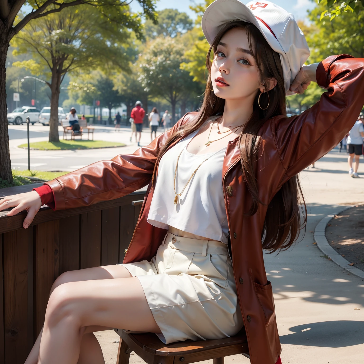 One girl,Orange shoes,alone,Sitting,null,cloud,Outdoor,Black Hair,bird,Upward view,blue null,White socks,Daytime,Orange jacket,building,Long sleeve,leaf,Long Hair,stage,red head band,Pump rope,head band,bangs,cloudy null,from_Under,wide_shot,