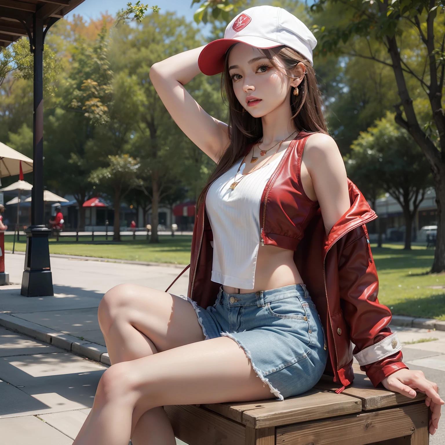 Medium shot, medium shot, depth of field, bust, upper body, cinematic angle, masterpiece, best quality, super detailed, CG, 8K wallpaper, pretty face, delicate eyes, a maiden, solo, white long hair, yellow eyes, hairpin, dark navy shirt, black hooded jacket, red baseball cap, black stockings, black over-the-knee boots, show her panty cameltoe, sunset, medieval port, harbor, detailed water surface, sun reflection