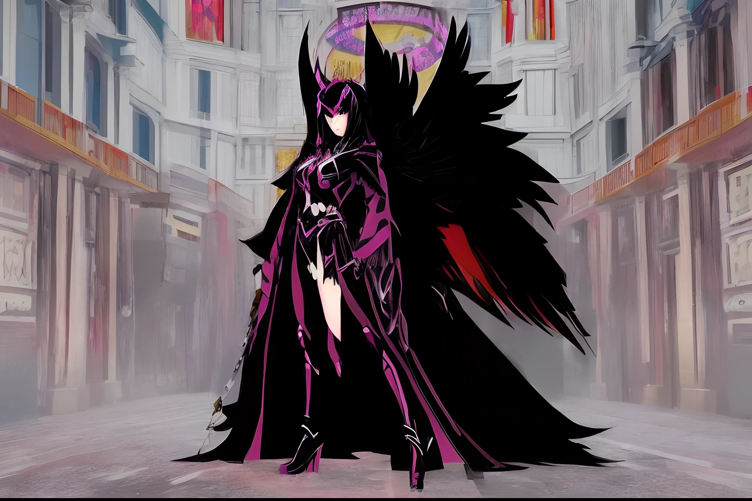 anime character dressed in black and pink outfit standing in front of a building, , ((wearing aristocrat robe)), holding a pudica pose, villainess has black angel wings, gapmoe yandere grimdark, pudica pose, has black wings, masuimi max, (((mad))) elf princess, royal attire akira, full body! shot