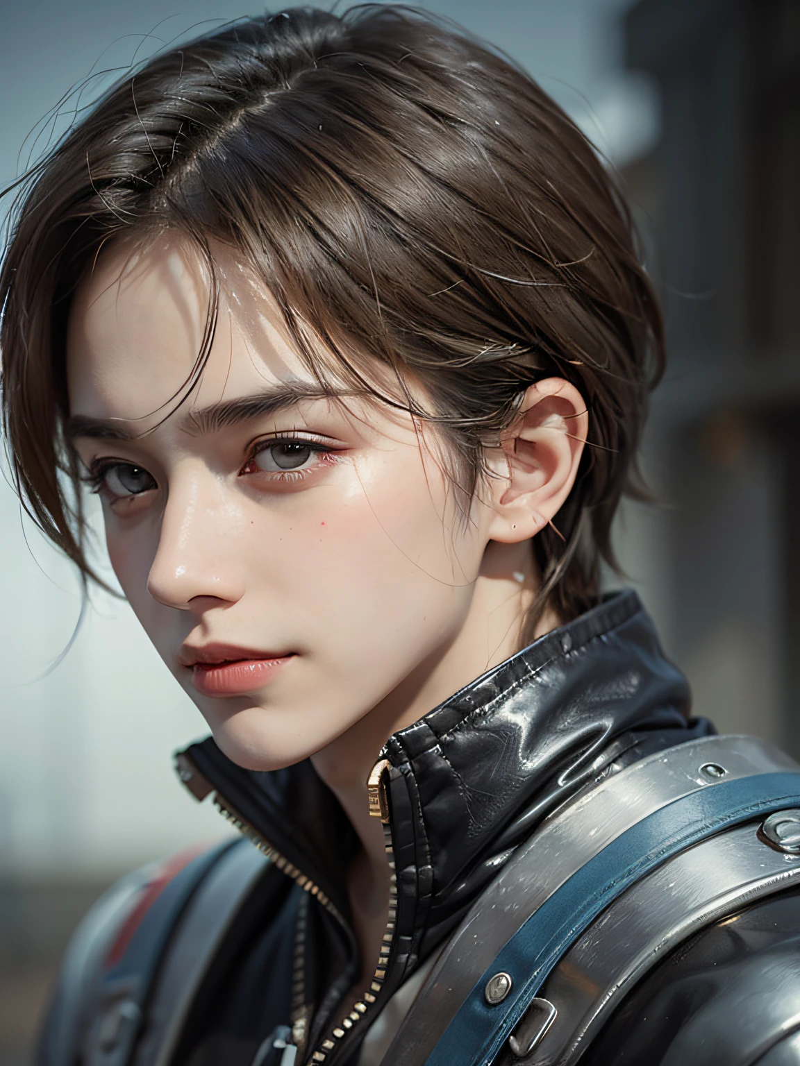 1boy, light brown hair, stoic, solo focus ager face, handsome, smiling, realistic, dynamic pose realistic, detailed and correct facial structure, LEON S. KENNEDY, handsome, extremely detailed, dynamic angle, cowboyshot, the most beautiful form of chaos, elegant, a brutalist designed, vivid colours, romanticism, by james jean, roby dwi antono, ross tran, francis bacon, michal mraz, adrian ghenie, petra cortright, gerhard richter, takato yamamoto, ashley wood, atmospheric